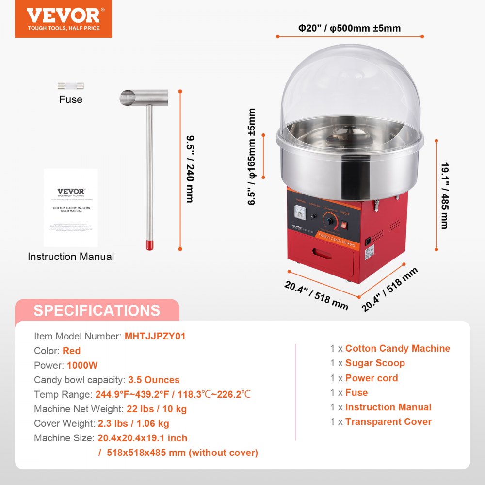 VEVOR Máquina Eléctrica de Algodón de Azúcar de 1000 W con Tapa, Tazón de Acero Inoxidable, Cuchara de Azúcar, Cajón, para el Hogar, Cumpleaños de Niños, Fiesta Familiar, Rojo, 518 x 518 x 485 mm