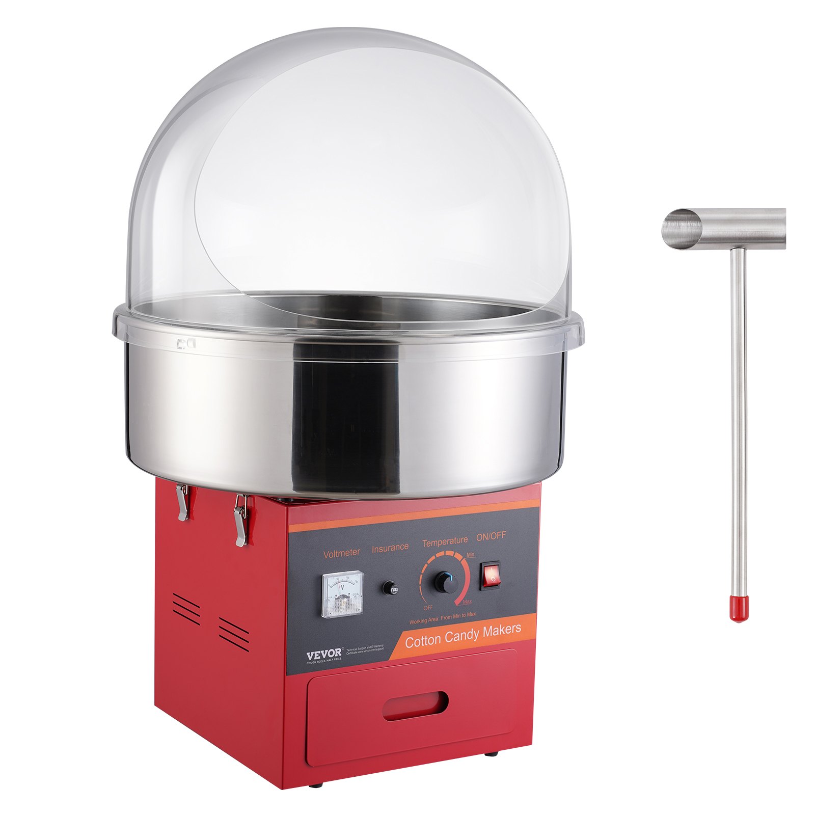 VEVOR Máquina Eléctrica de Algodón de Azúcar de 1000 W con Tapa, Tazón de Acero Inoxidable, Cuchara de Azúcar, Cajón, para el Hogar, Cumpleaños de Niños, Fiesta Familiar, Rojo, 518 x 518 x 485 mm