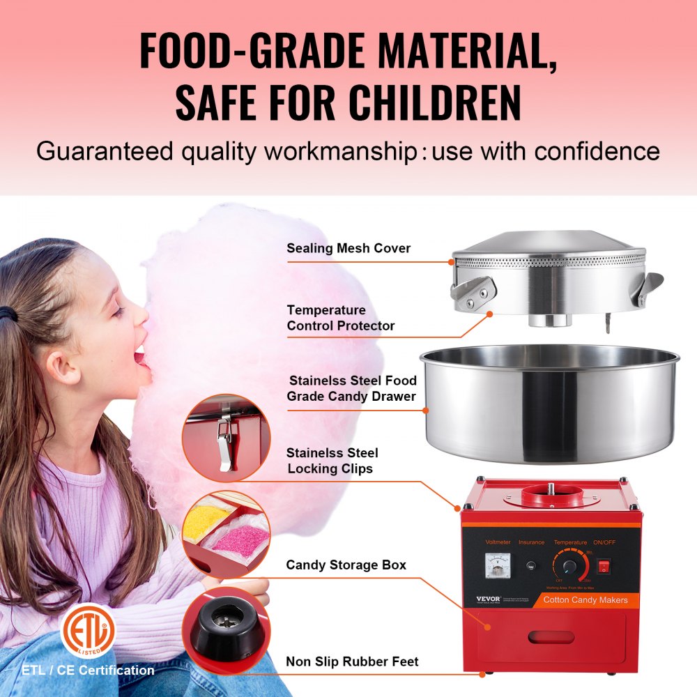 VEVOR Máquina Eléctrica de Algodón de Azúcar, Máquina de Algodón de Azúcar de 1000 W, Máquina de Algodón de Azúcar con Tazón de Acero Inoxidable, Cuchara de Azúcar y Cajón, para el Hogar, Rojo