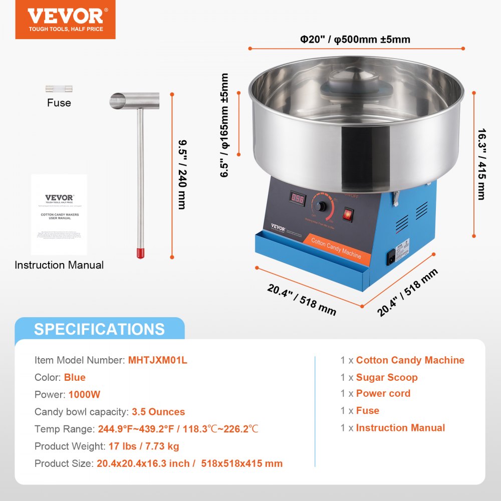 VEVOR Máquina Eléctrica de Algodón de Azúcar, Máquina de Algodón de Azúcar de 1000 W, Máquina de Algodón de Azúcar con Tazón de Acero Inoxidable y Cuchara de Azúcar, para el Hogar, Fiesta, Azul