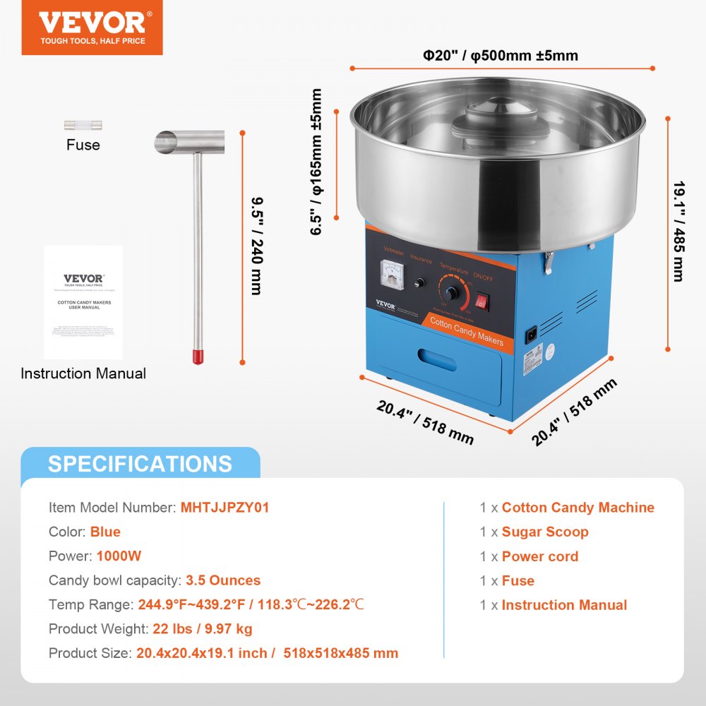 VEVOR Máquina Comercial de Algodón de Azúcar, Máquina de Hilo de Azúcar para Varias Fiestas y Adecuada para la Mayoría de los Tipos de Azúcar, 1000 W, Azul, 518 x 518 x485 mm, 118,3-226,2 ℃, Acero
