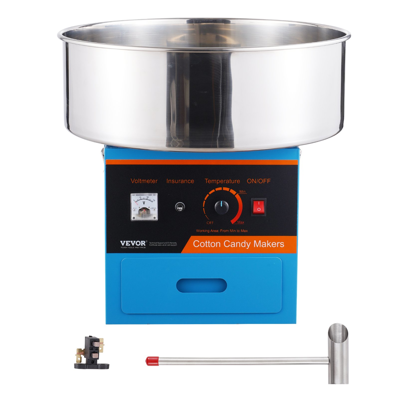 VEVOR Máquina Comercial de Algodón de Azúcar, Máquina de Hilo de Azúcar para Varias Fiestas y Adecuada para la Mayoría de los Tipos de Azúcar, 1000 W, Azul, 518 x 518 x485 mm, 118,3-226,2 ℃, Acero