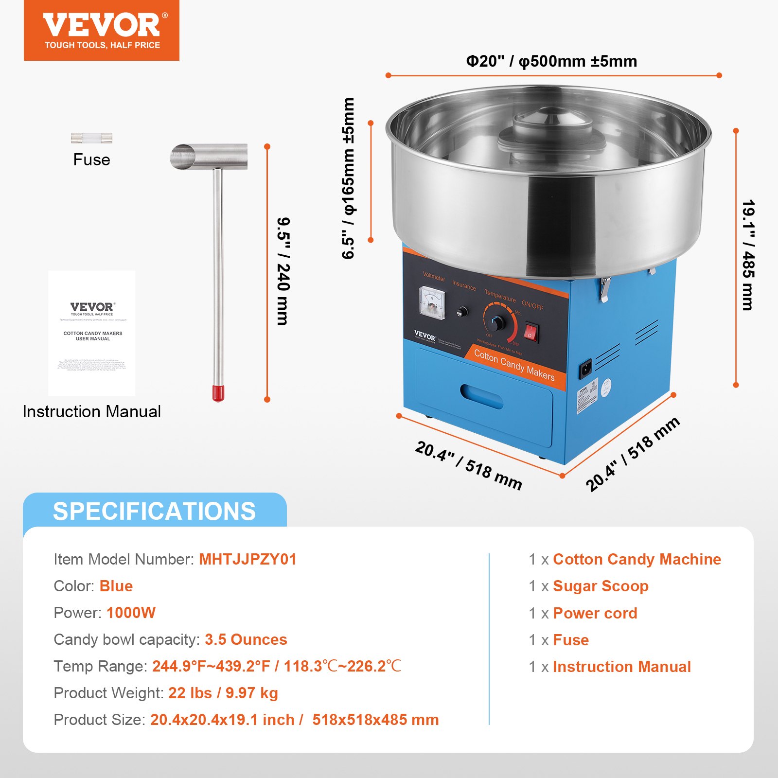VEVOR Máquina Comercial de Algodón de Azúcar, Máquina de Hilo de Azúcar para Varias Fiestas y Adecuada para la Mayoría de los Tipos de Azúcar, 1000 W, Azul, 518 x 518 x485 mm, 118,3-226,2 ℃, Acero