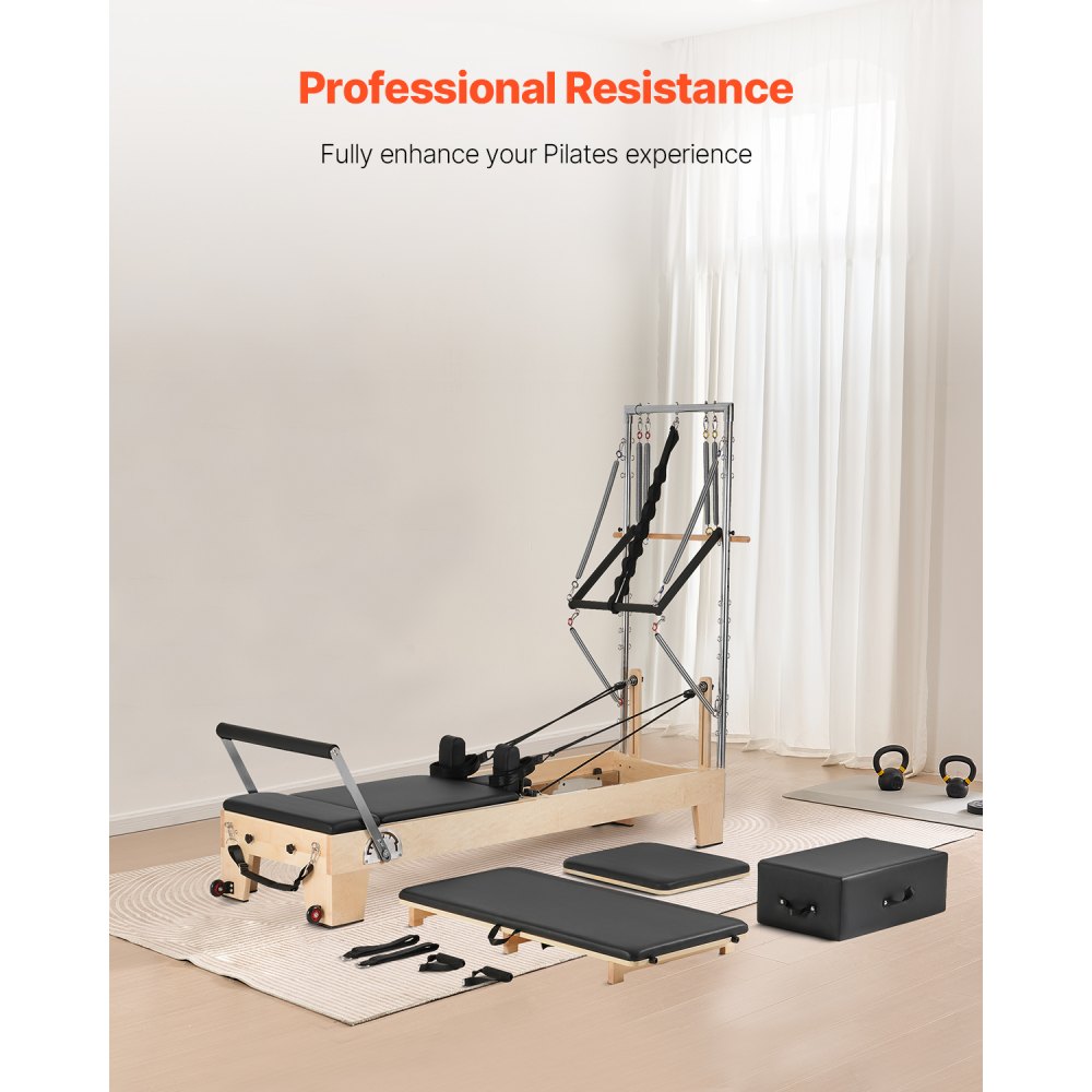 VEVOR Reformer Máquina de Pilates de Madera para Gimnasio en Casa Equipo de Entrenamiento de Fuerza con Doble Resistencia Caja Reformadora Tabla de Salto para Avanzados Principiantes, Hasta 181,4kg