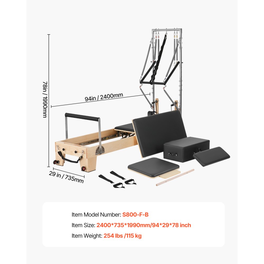 VEVOR Reformer Máquina de Pilates de Madera para Gimnasio en Casa Equipo de Entrenamiento de Fuerza con Doble Resistencia Caja Reformadora Tabla de Salto para Avanzados Principiantes, Hasta 181,4kg