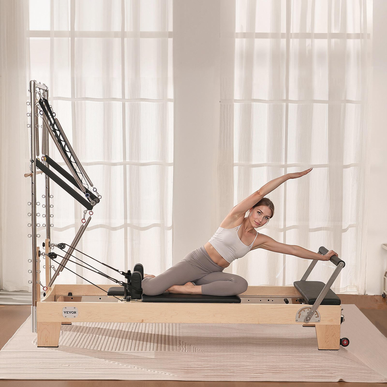VEVOR Reformer Máquina de Pilates de Madera para Gimnasio en Casa Equipo de Entrenamiento de Fuerza con Doble Resistencia Caja Reformadora Tabla de Salto para Avanzados Principiantes, Hasta 181,4kg