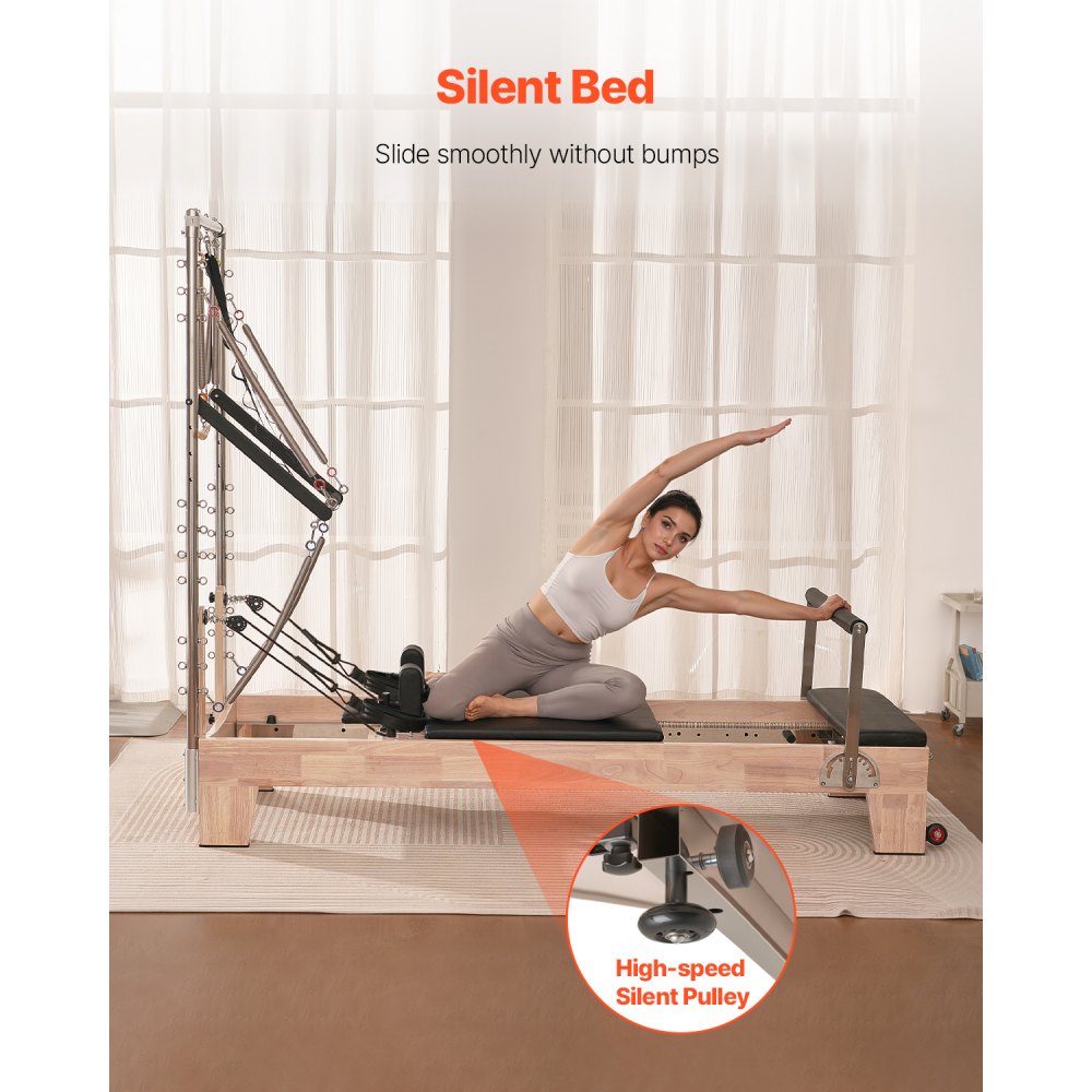 VEVOR Reformer Máquina de Pilates de Madera para Gimnasio en Casa Equipo de Entrenamiento de Fuerza con Doble Resistencia Caja Reformadora Tabla de Salto para Avanzados Principiantes, 243x73x199 cm