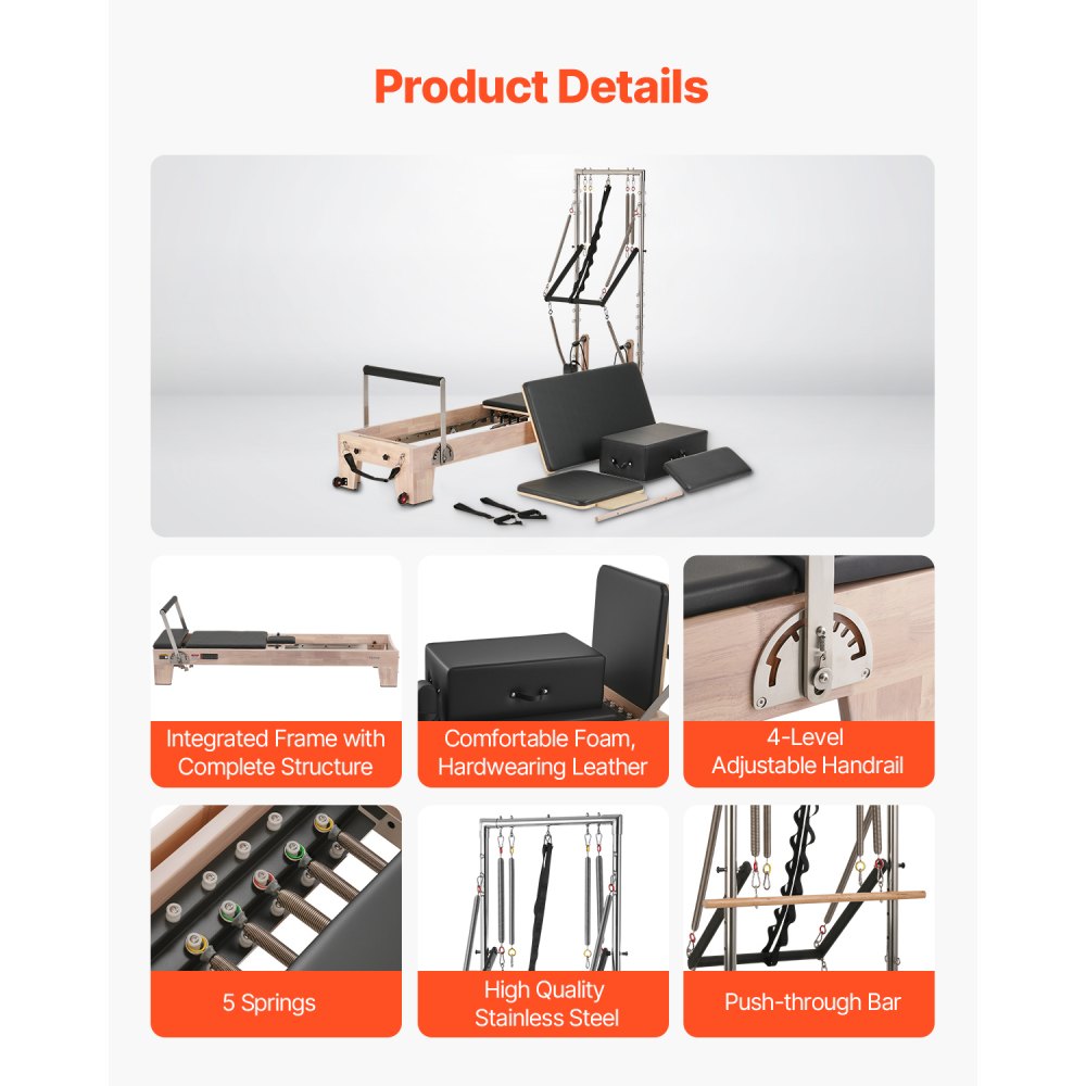 VEVOR Reformer Máquina de Pilates de Madera para Gimnasio en Casa Equipo de Entrenamiento de Fuerza con Doble Resistencia Caja Reformadora Tabla de Salto para Avanzados Principiantes, 243x73x199 cm