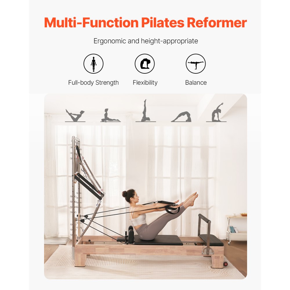 VEVOR Reformer Máquina de Pilates de Madera para Gimnasio en Casa Equipo de Entrenamiento de Fuerza con Doble Resistencia Caja Reformadora Tabla de Salto para Avanzados Principiantes, 243x73x199 cm