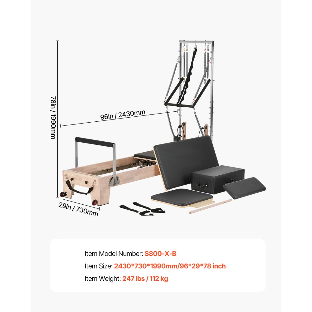 VEVOR Reformer Máquina de Pilates de Madera para Gimnasio en Casa Equipo de Entrenamiento de Fuerza con Doble Resistencia Caja Reformadora Tabla de Salto para Avanzados Principiantes, 243x73x199 cm