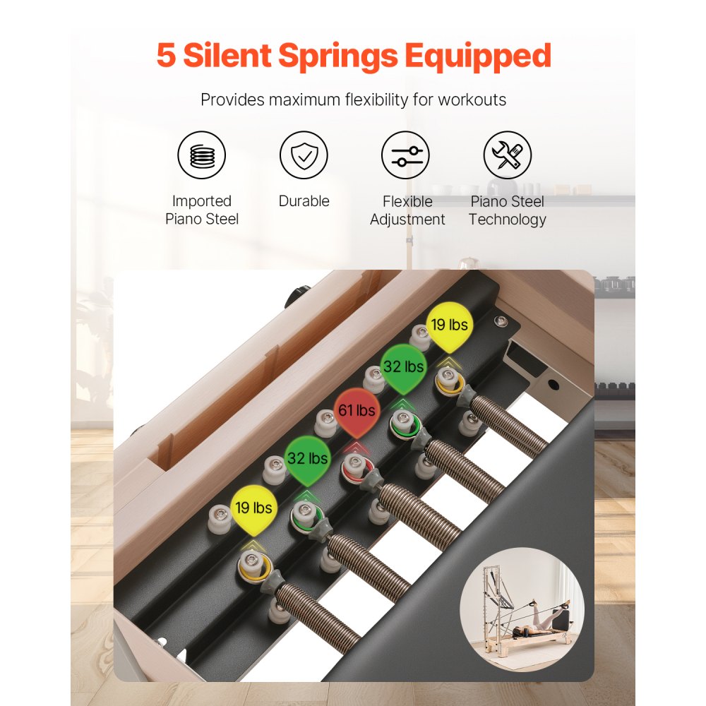 VEVOR Reformer Máquina de Pilates de Madera para Gimnasio en Casa Equipo de Entrenamiento de Fuerza con Doble Resistencia Caja Reformadora Tabla de Salto para Avanzados Principiantes, 243x73x199 cm