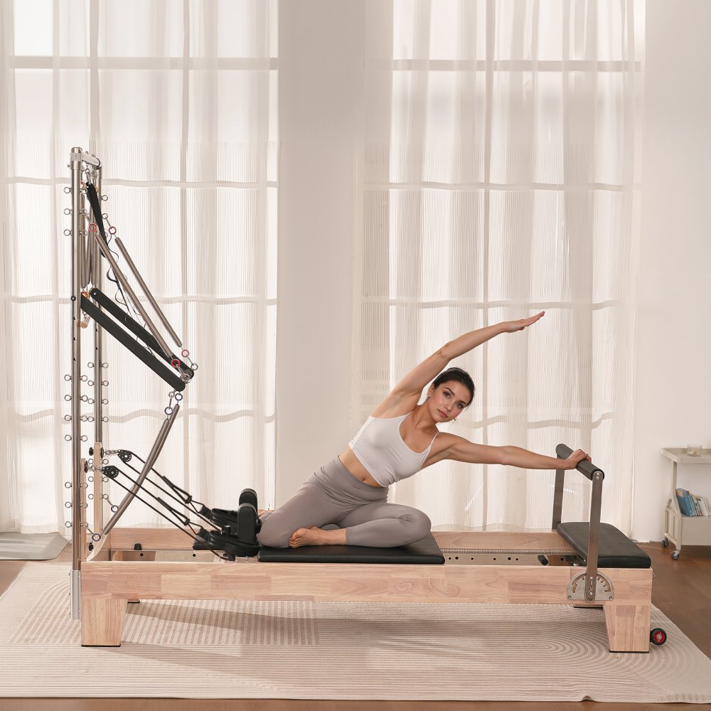 VEVOR Reformer Máquina de Pilates de Madera para Gimnasio en Casa Equipo de Entrenamiento de Fuerza con Doble Resistencia Caja Reformadora Tabla de Salto para Avanzados Principiantes, 243x73x199 cm