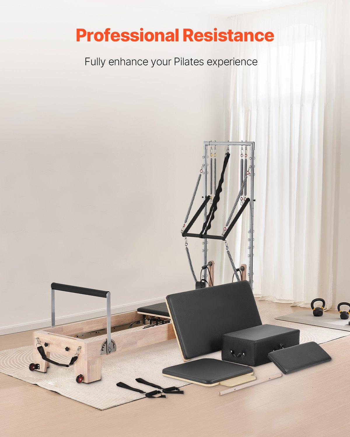 VEVOR Reformer Máquina de Pilates de Madera para Gimnasio en Casa Equipo de Entrenamiento de Fuerza con Doble Resistencia Caja Reformadora Tabla de Salto para Avanzados Principiantes, 243x73x199 cm