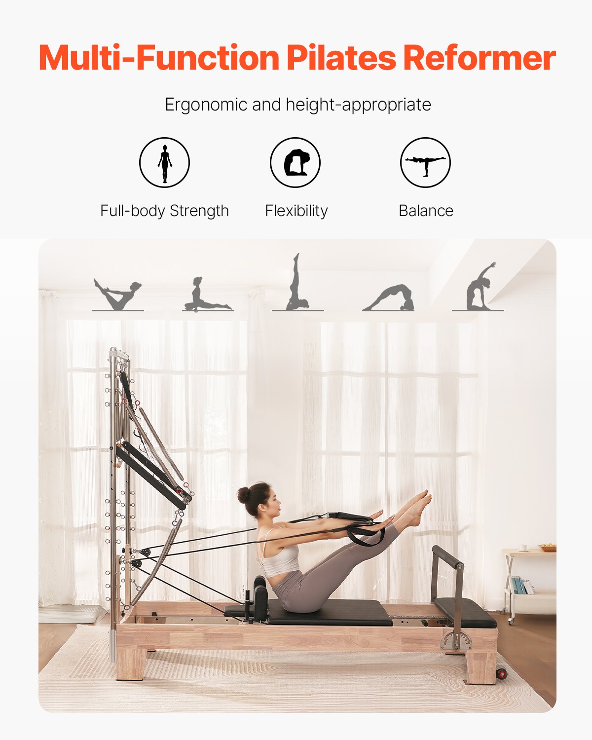 VEVOR Reformer Máquina de Pilates de Madera para Gimnasio en Casa Equipo de Entrenamiento de Fuerza con Doble Resistencia Caja Reformadora Tabla de Salto para Avanzados Principiantes, 243x73x199 cm