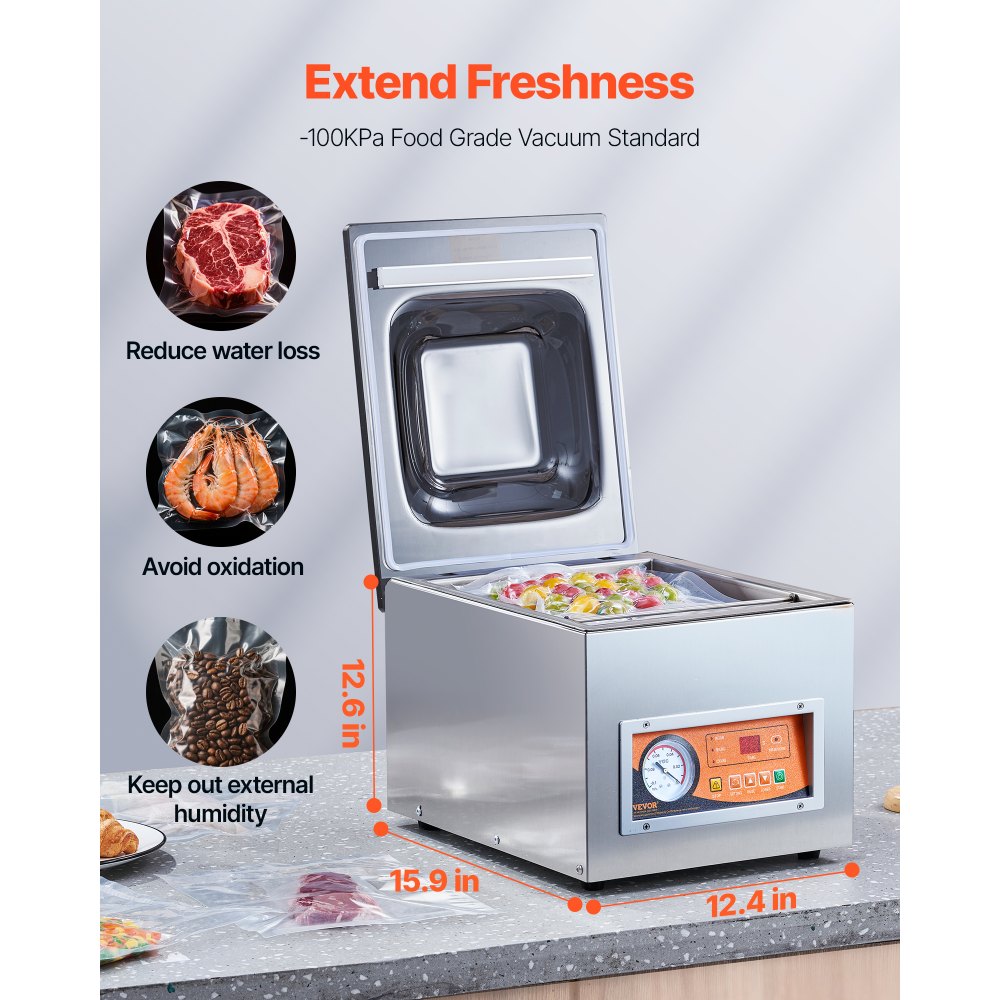 VEVOR Sellador al Vacío de Cámara 260 W Máquina de Envasado al Vacío de Acero inoxidable Tamaño Compacto de 260 mm para Cocina del Hogar Para Uso Comercial Para Alimentos Húmedos, Carnes y Adobos
