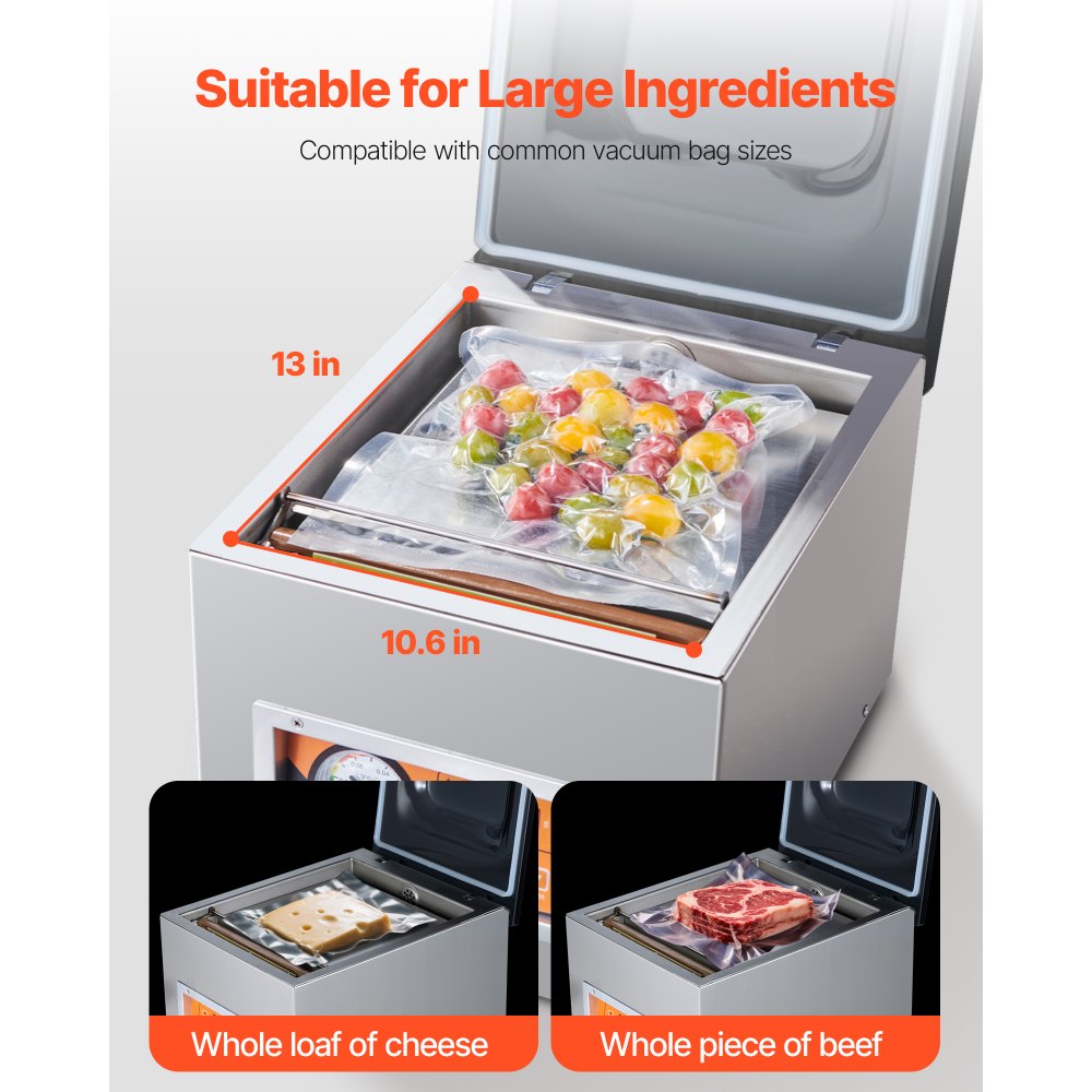 VEVOR Sellador al Vacío de Cámara 260 W Máquina de Envasado al Vacío de Acero inoxidable Tamaño Compacto de 260 mm para Cocina del Hogar Para Uso Comercial Para Alimentos Húmedos, Carnes y Adobos