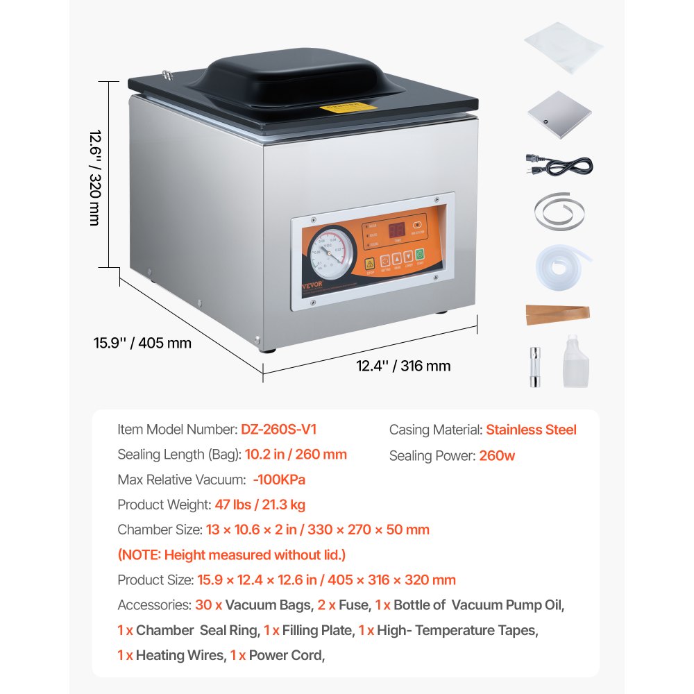VEVOR Sellador al Vacío de Cámara 260 W Máquina de Envasado al Vacío de Acero inoxidable Tamaño Compacto de 260 mm para Cocina del Hogar Para Uso Comercial Para Alimentos Húmedos, Carnes y Adobos