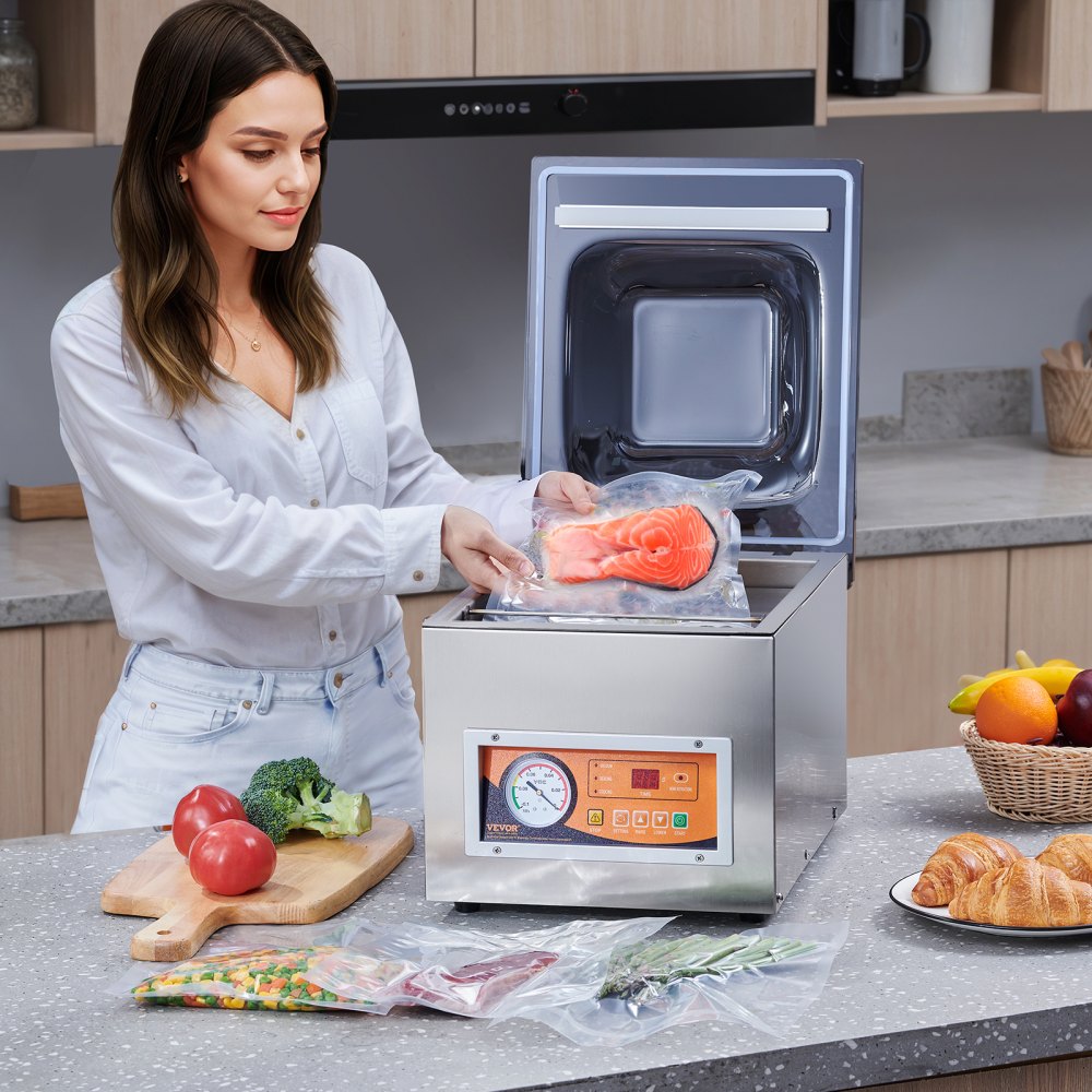 VEVOR Sellador al Vacío de Cámara 260 W Máquina de Envasado al Vacío de Acero inoxidable Tamaño Compacto de 260 mm para Cocina del Hogar Para Uso Comercial Para Alimentos Húmedos, Carnes y Adobos