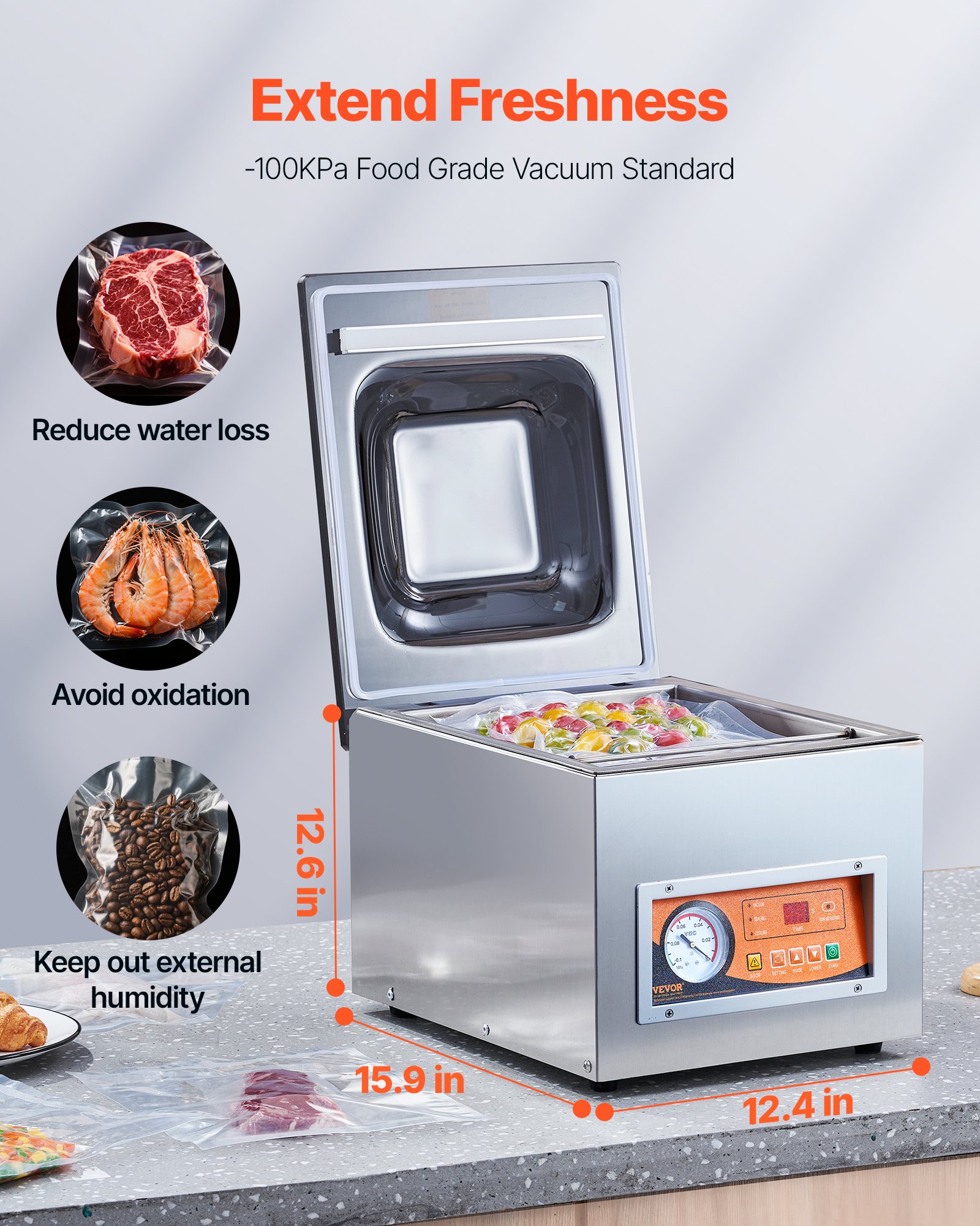 VEVOR Sellador al Vacío de Cámara 260 W Máquina de Envasado al Vacío de Acero inoxidable Tamaño Compacto de 260 mm para Cocina del Hogar Para Uso Comercial Para Alimentos Húmedos, Carnes y Adobos