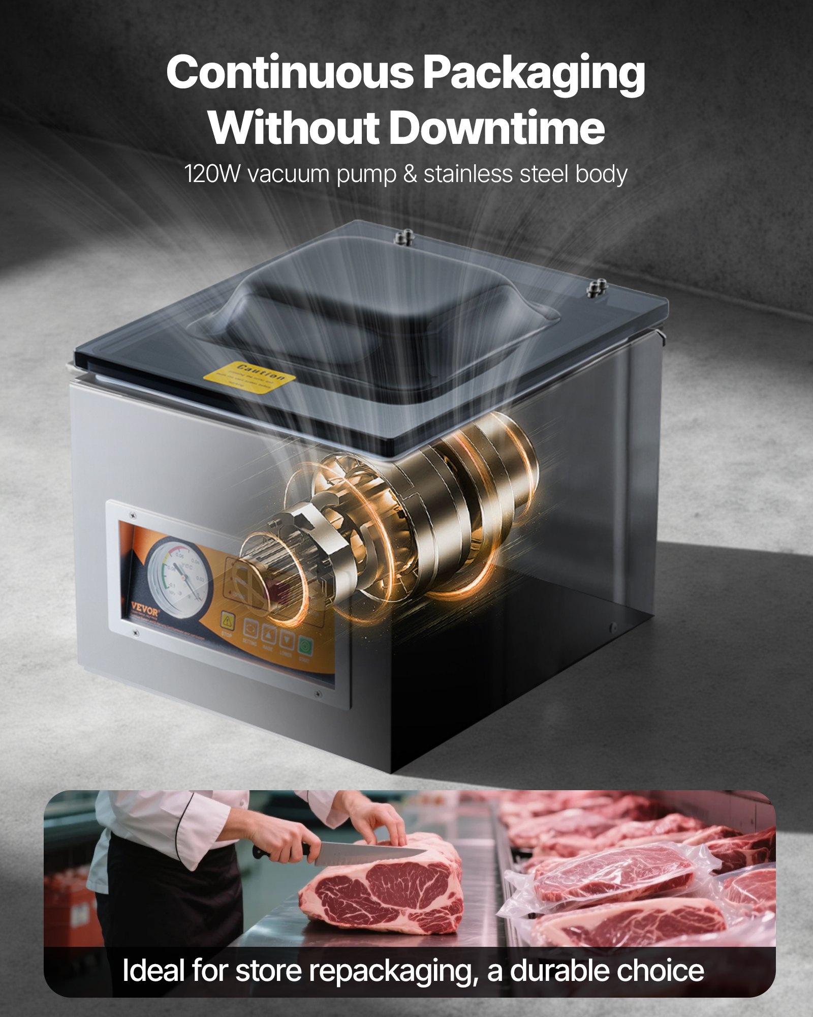 VEVOR Sellador al Vacío de Cámara 260 W Máquina de Envasado al Vacío de Acero inoxidable Tamaño Compacto de 260 mm para Cocina del Hogar Para Uso Comercial Para Alimentos Húmedos, Carnes y Adobos