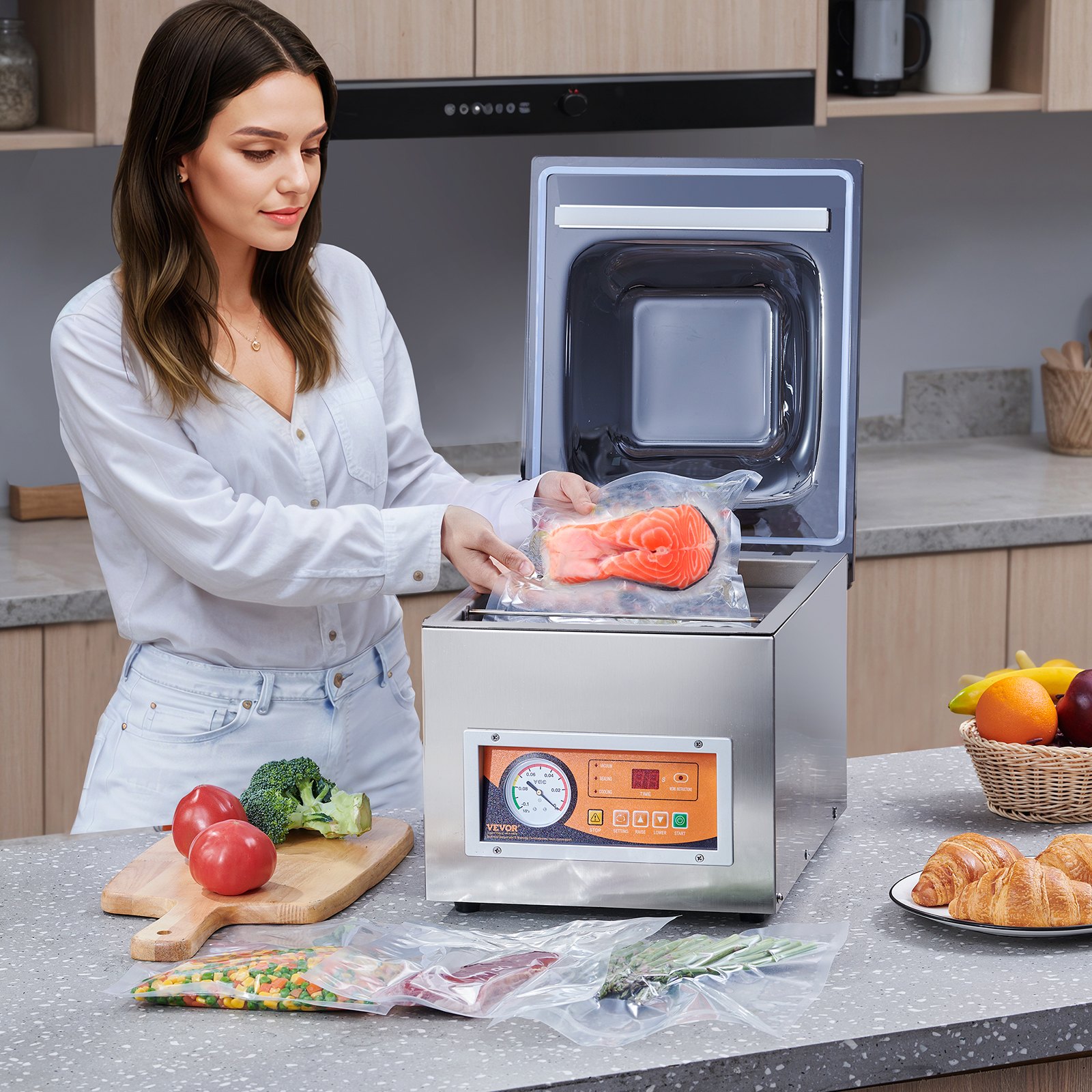 VEVOR Sellador al Vacío de Cámara 260 W Máquina de Envasado al Vacío de Acero inoxidable Tamaño Compacto de 260 mm para Cocina del Hogar Para Uso Comercial Para Alimentos Húmedos, Carnes y Adobos