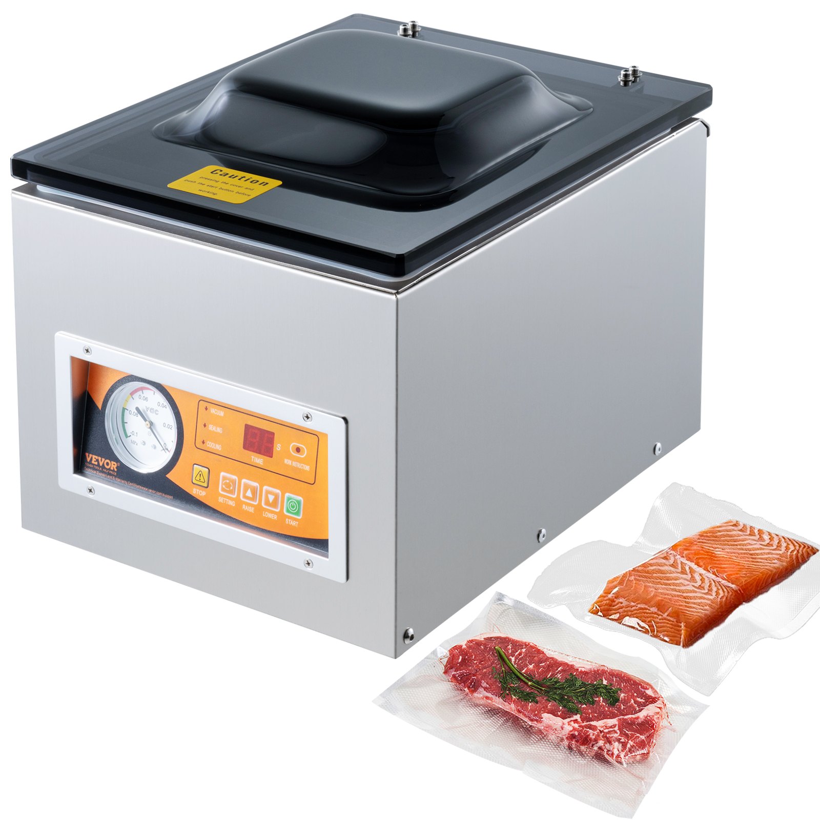 VEVOR Sellador al Vacío de Cámara 260 W Máquina de Envasado al Vacío de Acero inoxidable Tamaño Compacto de 260 mm para Cocina del Hogar Para Uso Comercial Para Alimentos Húmedos, Carnes y Adobos
