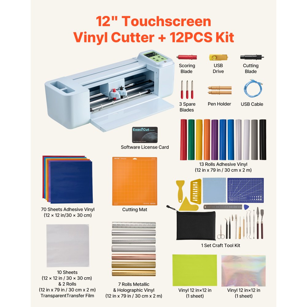VEVOR Plotter de Corte de Vinilo de 305mm con Kit de Herramientas, Materiales, Control por Pantalla Táctil, Máquina Cortadora Multifuncional Compatible con Android iOS Mac Windows para Papel Bricolaje