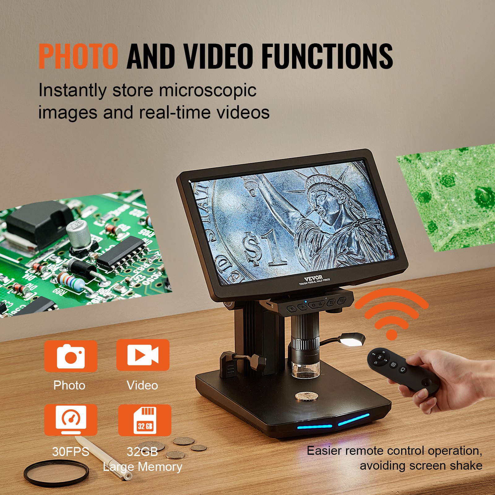 VEVOR Microscopio Digital USB HDMI Ampliación 10X-1200X con Pantalla de 7" Funciones de Foto y Video Compatible con Windows 7 y superior MacOS 10.5 y superior Conectado a Monitor de Laboratorio TV