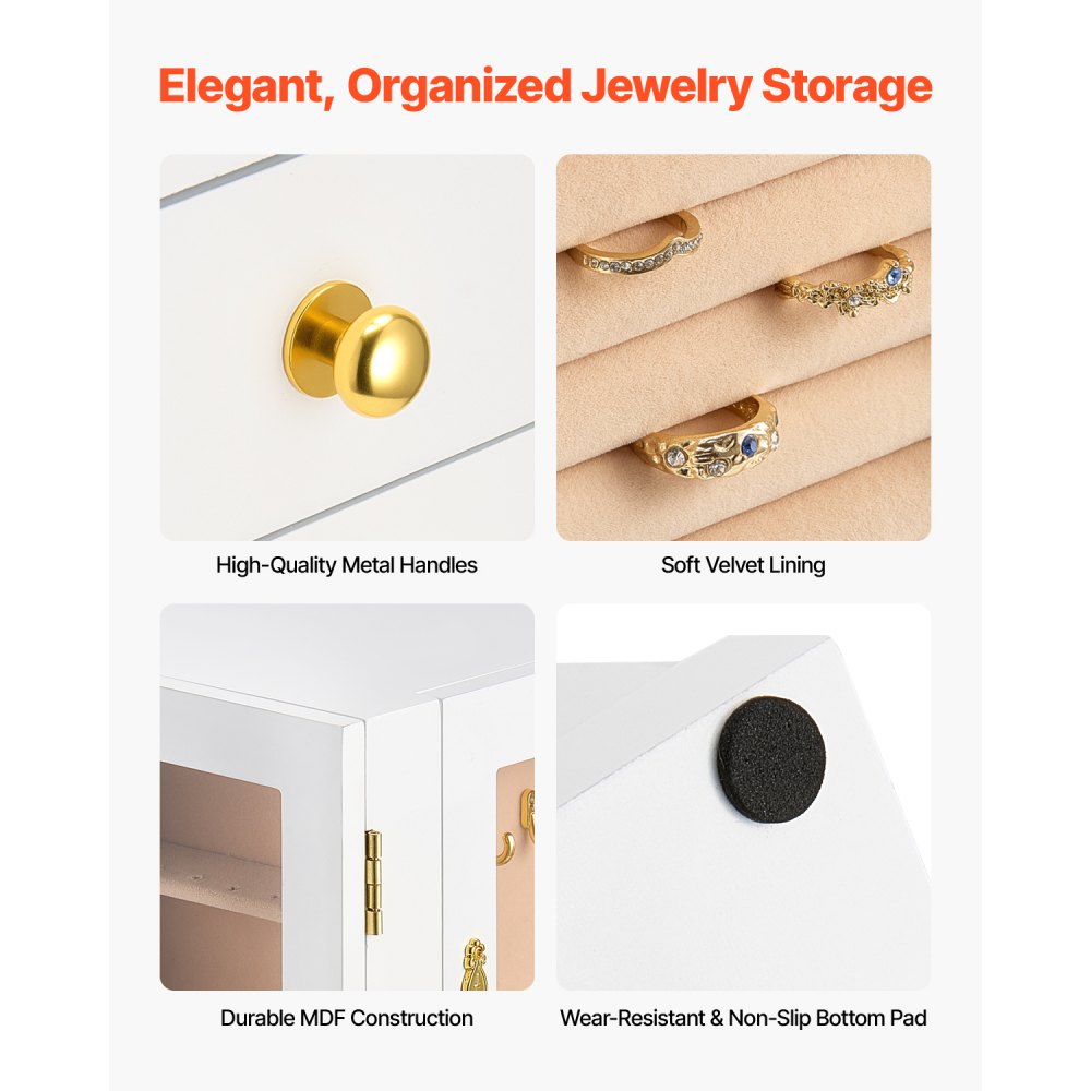 VEVOR Joyero, Organizador de Joyas Giratorio de 360° con 5 Cajones, Ventana de Acrílico, 4 Ganchos para Collares a Cada Lado, Asas de Metal, Almohadilla Inferior y Forro de Terciopelo Suave, Blanco