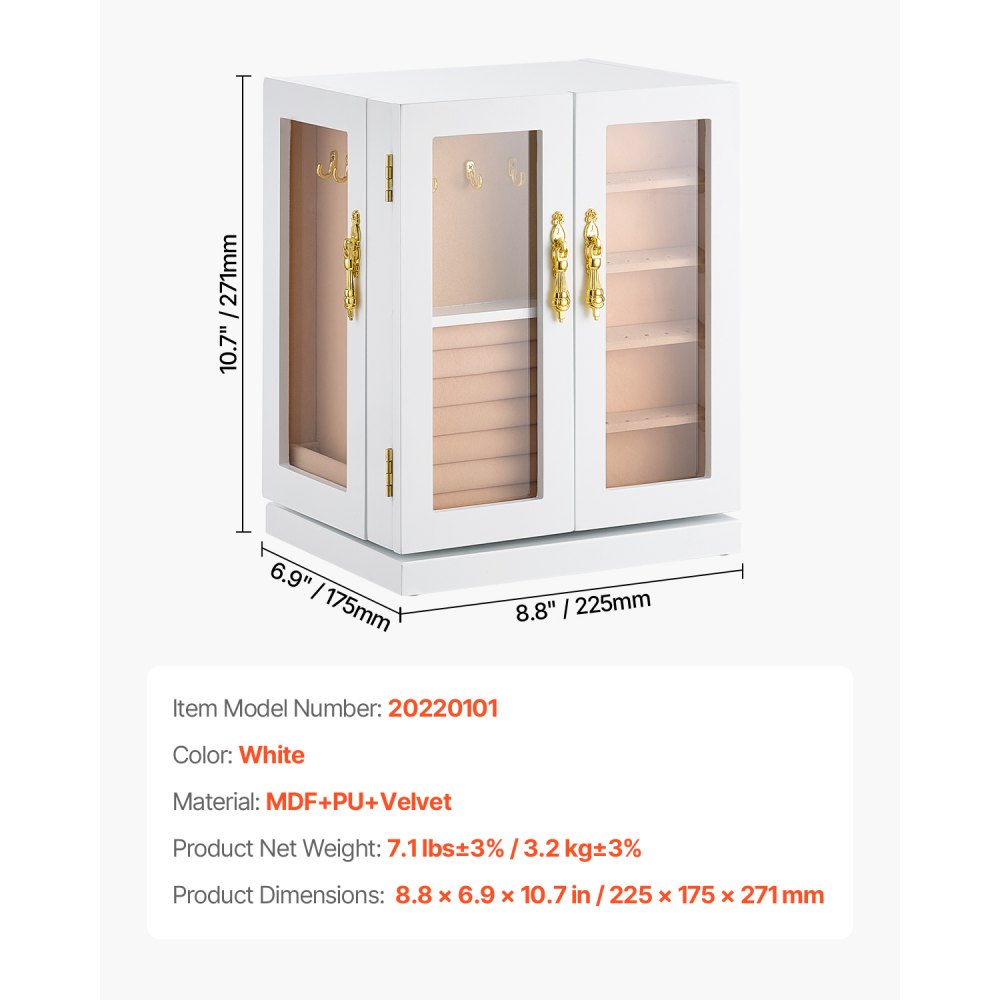 VEVOR Joyero, Organizador de Joyas Giratorio de 360° con 5 Cajones, Ventana de Acrílico, 4 Ganchos para Collares a Cada Lado, Asas de Metal, Almohadilla Inferior y Forro de Terciopelo Suave, Blanco