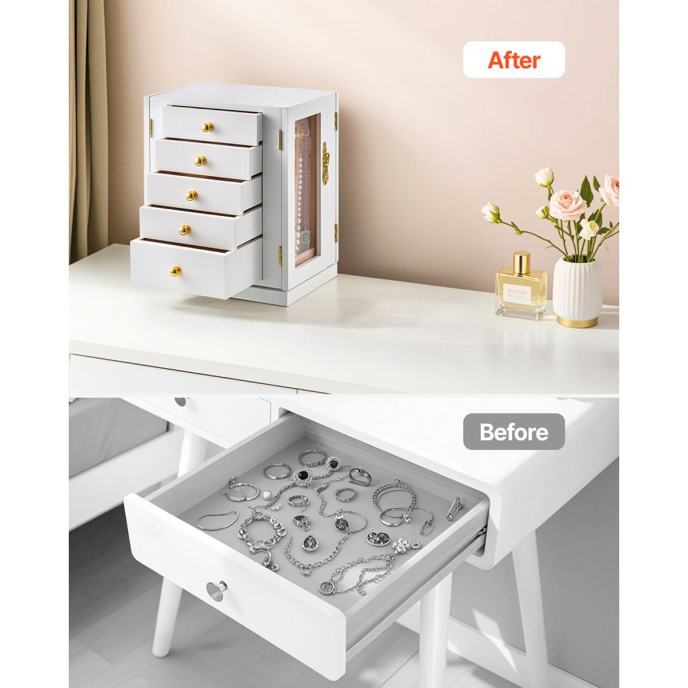 VEVOR Jewelry Box, 360° Rotating Jewelry Box with 5 Drawers, Acrylic Window & 4 Necklace Hooks on Each Side, Storage Case with Metal Handles, Padded Bottom & Soft Velvet Lining, White