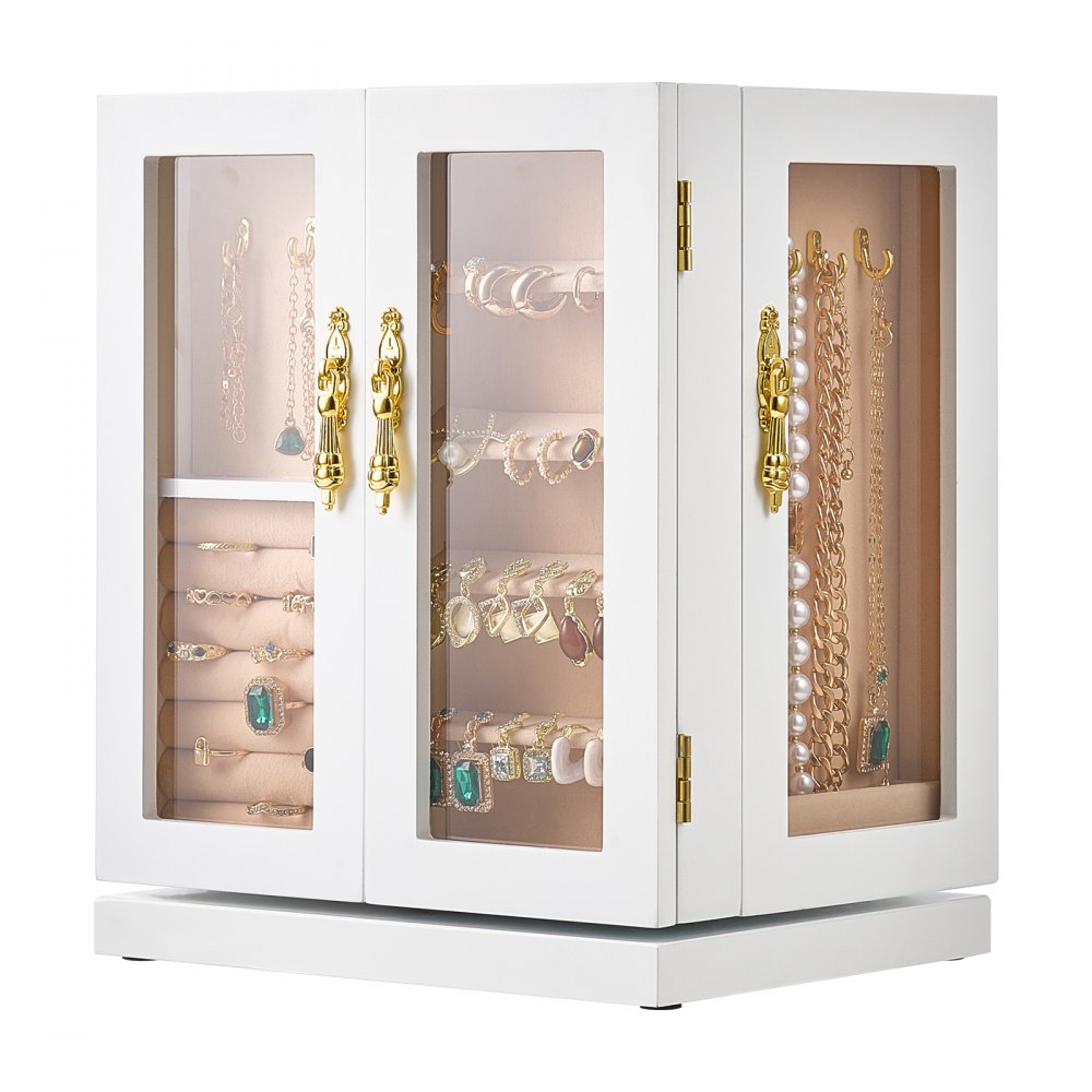 VEVOR Jewelry Box, 360° Rotating Jewelry Box with 5 Drawers, Acrylic Window & 4 Necklace Hooks on Each Side, Storage Case with Metal Handles, Padded Bottom & Soft Velvet Lining, White