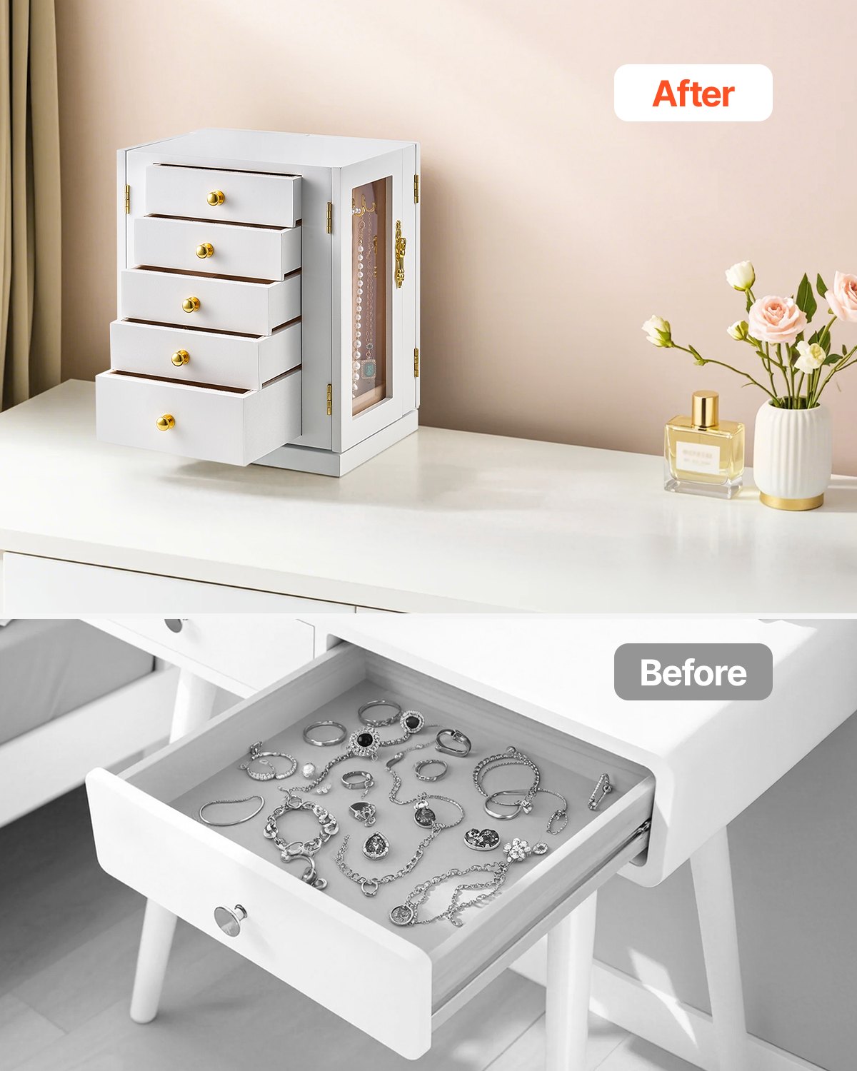 VEVOR Jewelry Box, 360° Rotating Jewelry Box with 5 Drawers, Acrylic Window & 4 Necklace Hooks on Each Side, Storage Case with Metal Handles, Padded Bottom & Soft Velvet Lining, White