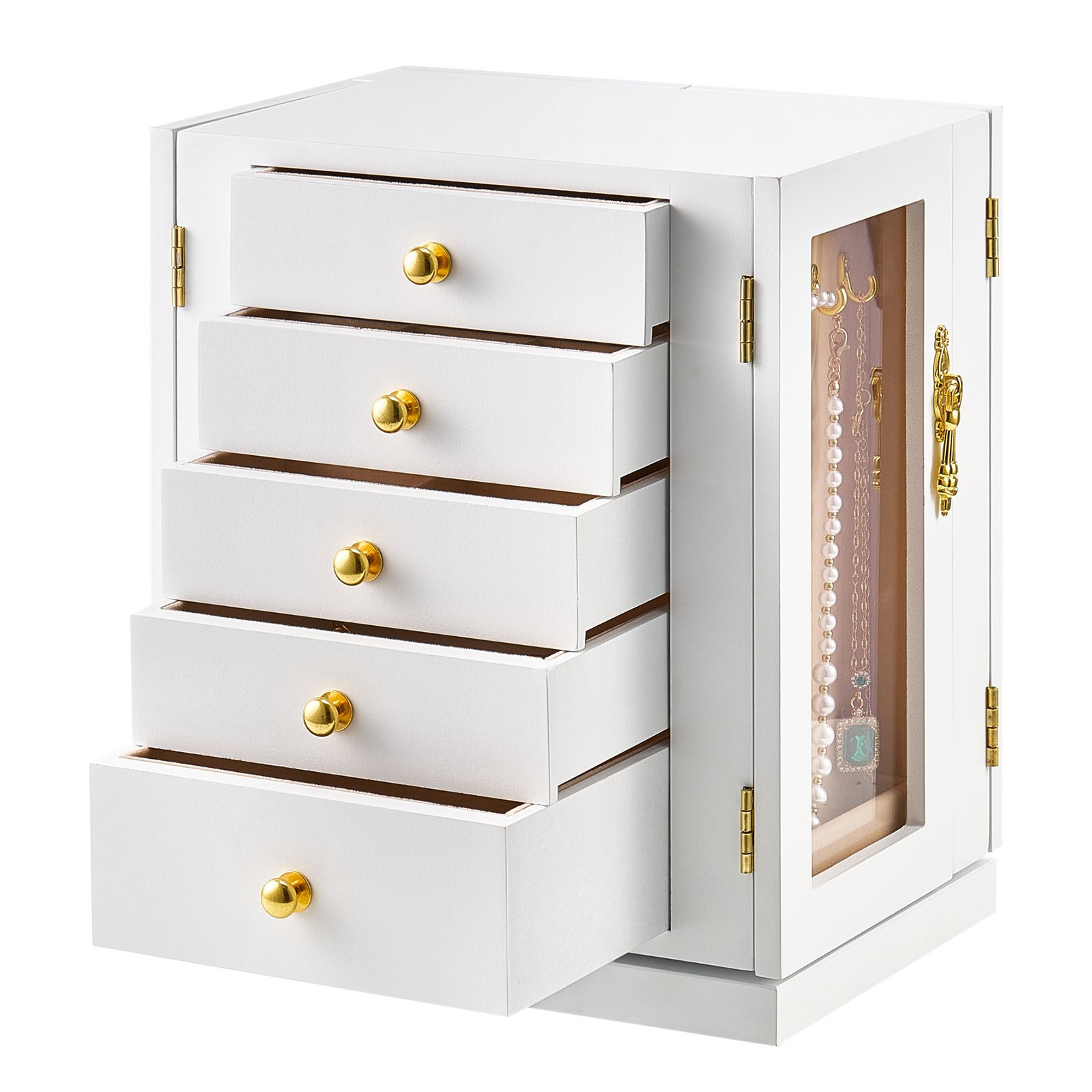 VEVOR Jewelry Box, 360° Rotating Jewelry Box with 5 Drawers, Acrylic Window & 4 Necklace Hooks on Each Side, Storage Case with Metal Handles, Padded Bottom & Soft Velvet Lining, White