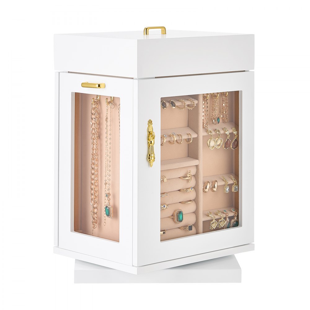VEVOR Joyero, Joyero Giratorio de 360° con Puerta Magnética, Ventana de Acrílico y 4 Ganchos para Collares Integrados, Asas de Metal, Almohadilla Inferior y Forro de Franela Suave, Color Blanco