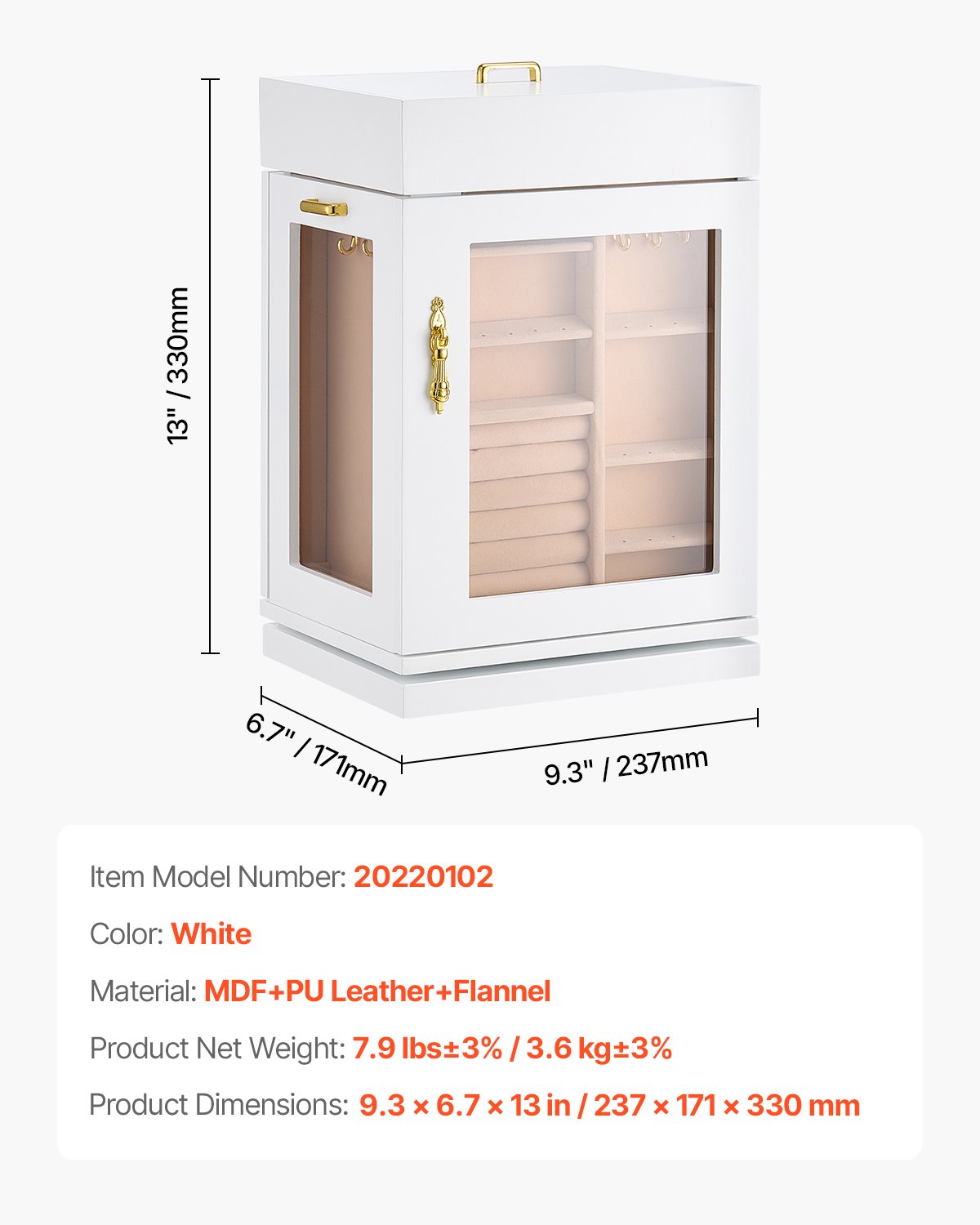 VEVOR Joyero, Joyero Giratorio de 360° con Puerta Magnética, Ventana de Acrílico y 4 Ganchos para Collares Integrados, Asas de Metal, Almohadilla Inferior y Forro de Franela Suave, Color Blanco