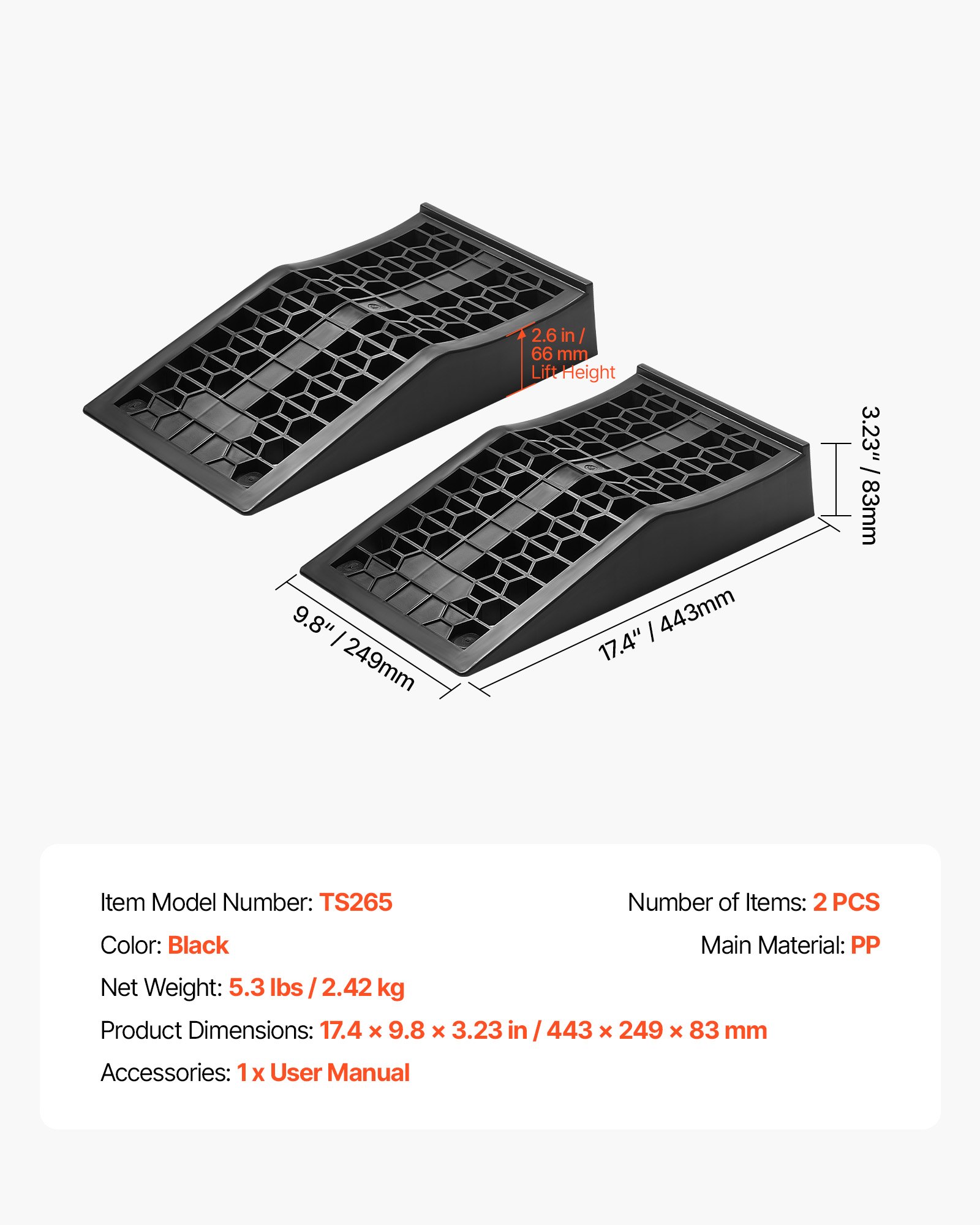 VEVOR Rampas para Coche, Portátiles y Planas, para Mantenimiento de Garajes, Cambio de Aceite y Reparación de Camiones, Capacidad de Carga 2268 kg, Ayuda para Carga, 443 x 249 x 83 mm, 2 uds