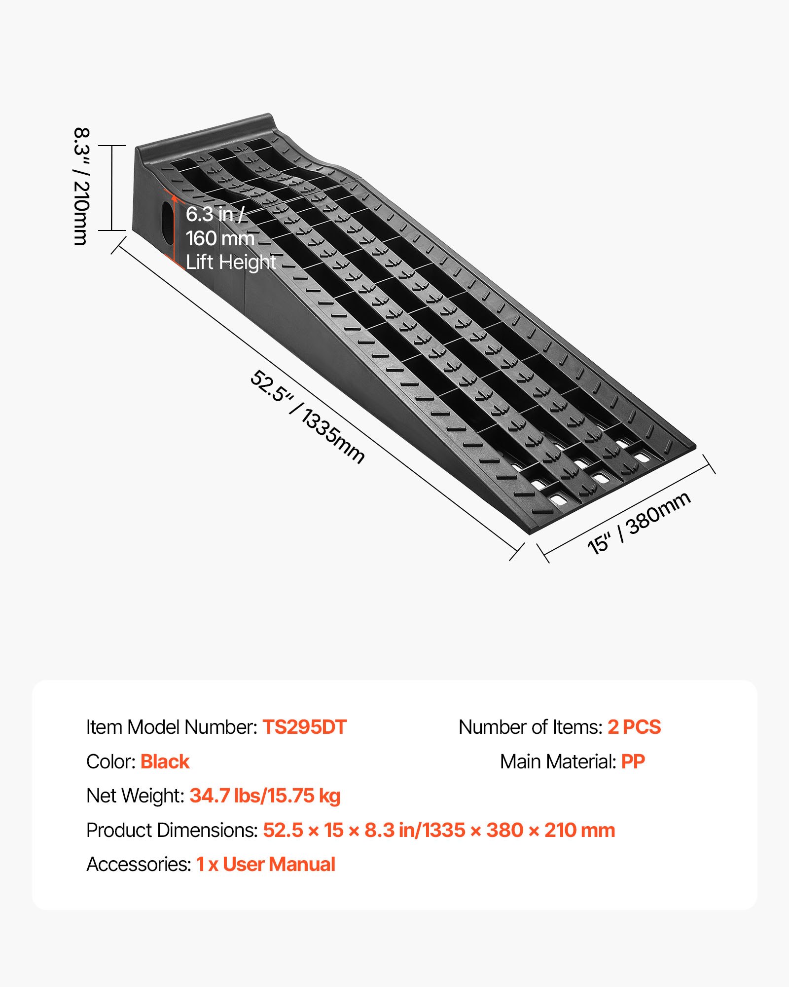 VEVOR Rampas para Coche, Portátiles y Planas, para Mantenimiento de Garajes, Cambio de Aceite y Reparación de Camiones, Capacidad de Carga 1474 kg, Ayuda para Carga, 1335 x 380 x 210 mm, 2 uds