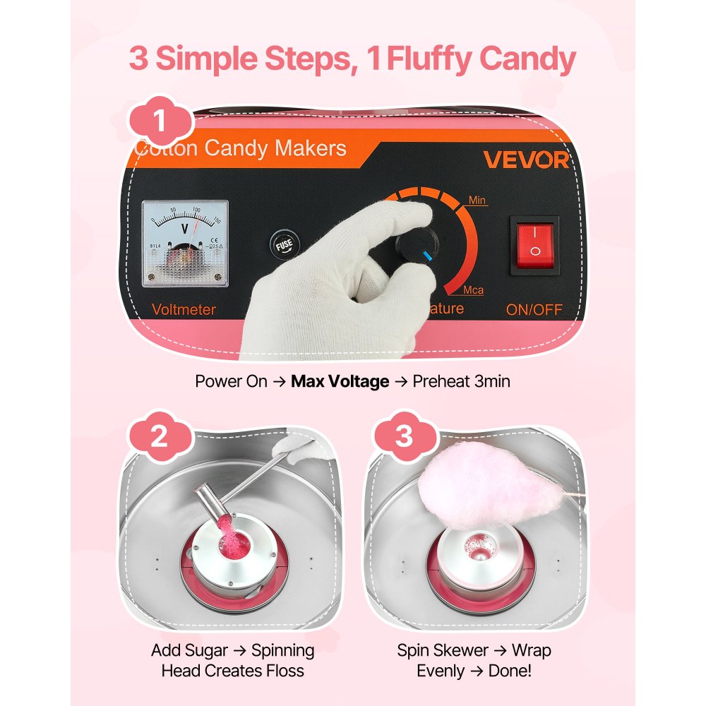 VEVOR Máquina de Algodón de Azúcar Eléctrica 1000 W Capacidad de 100 g de Azúcar 38 x 38 x 34 cm Fácil de Instalar y Desmontar Fácil de Usar con Azucarero y Cuchara para Hogar, Fiestas, Rosa