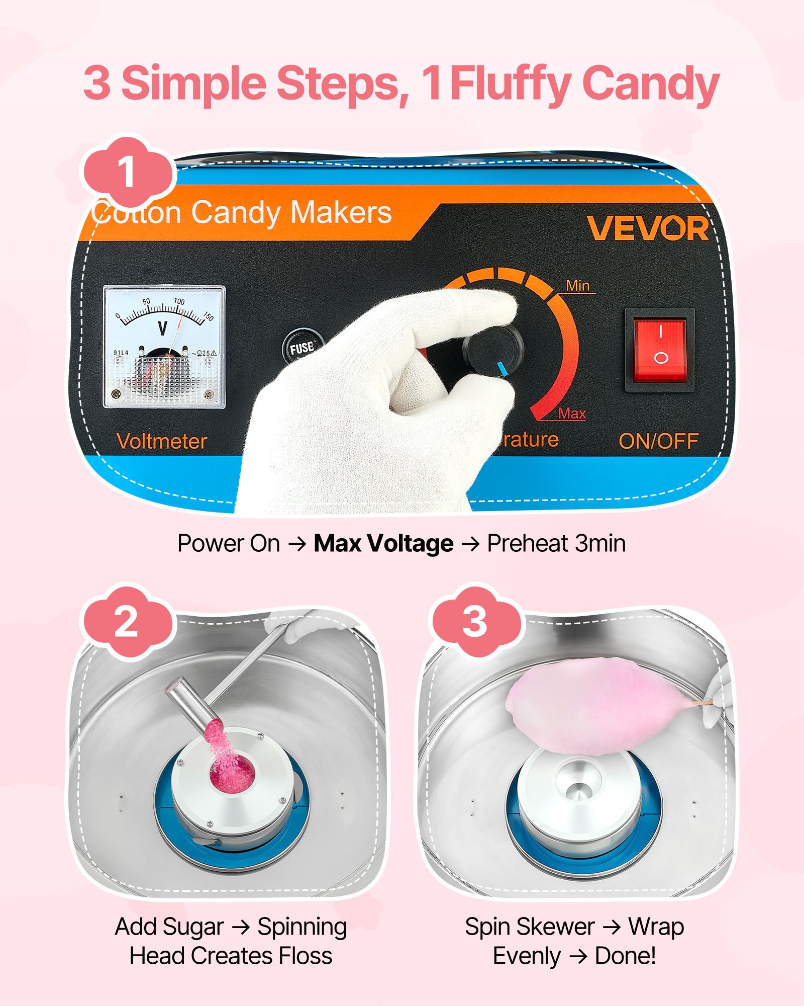 VEVOR Cotton Candy Machine Commercial, 1000W Electric Candy Floss Maker, Easy Use with 38cm Stainless Steel Bowl and Sugar Scoop, Makes Hard Candy for Home Kids Birthday, Family Party, Blue