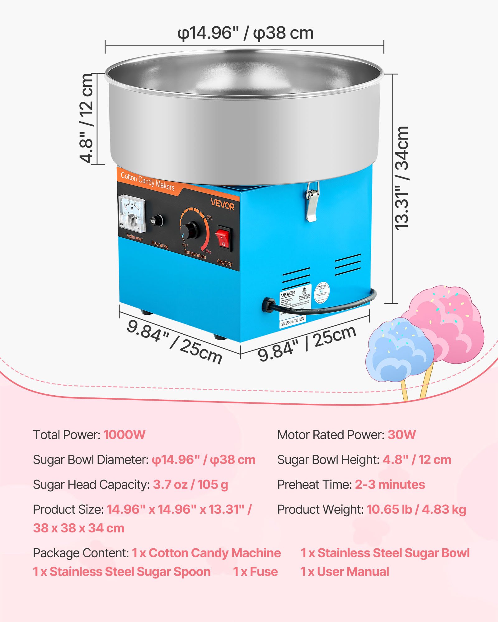 VEVOR Cotton Candy Machine Commercial, 1000W Electric Candy Floss Maker, Easy Use with 38cm Stainless Steel Bowl and Sugar Scoop, Makes Hard Candy for Home Kids Birthday, Family Party, Blue