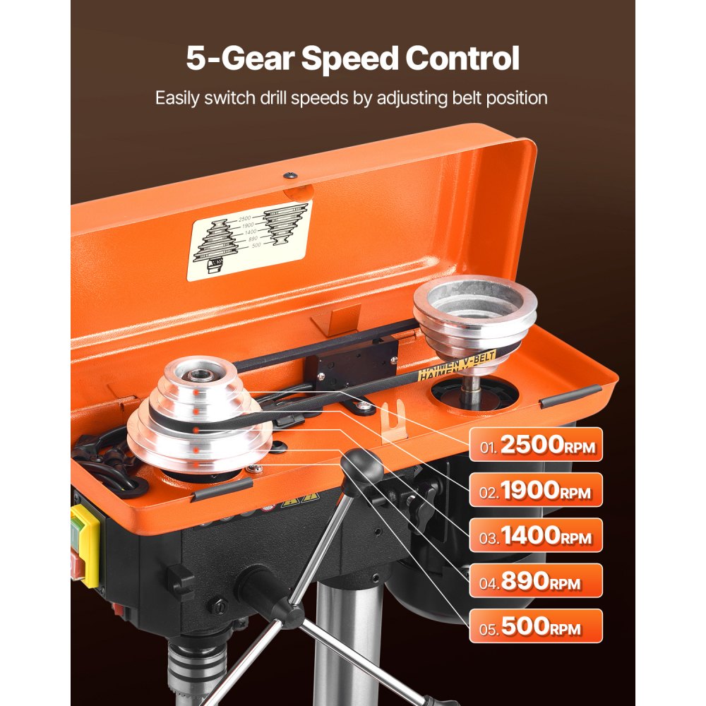 VEVOR Taladro de Banco de 203,2 mm, Motor de Inducción de 750 W, Velocidad Ajustable de 500/890/1400/1900/2500 RPM, Mesa de Trabajo Inclinable de 0 a 45°, Luz de Trabajo LED para Madera y Metal