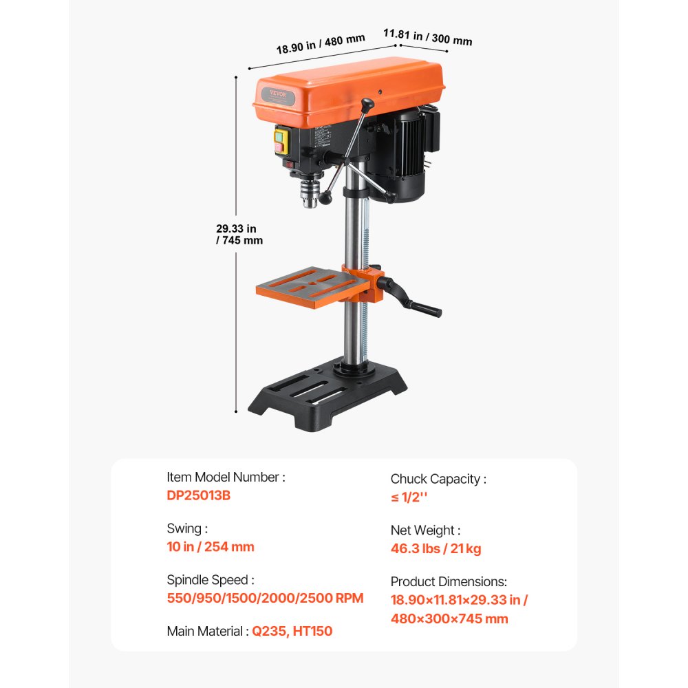 VEVOR Taladro de Banco de 254 mm, Motor de Inducción 550 W, Velocidad Variable de 550/950/1500/2000/2500 RPM, Mesa de Trabajo Inclinable de 0 a 45°, Posicionamiento por Rayos X para Madera y Metal