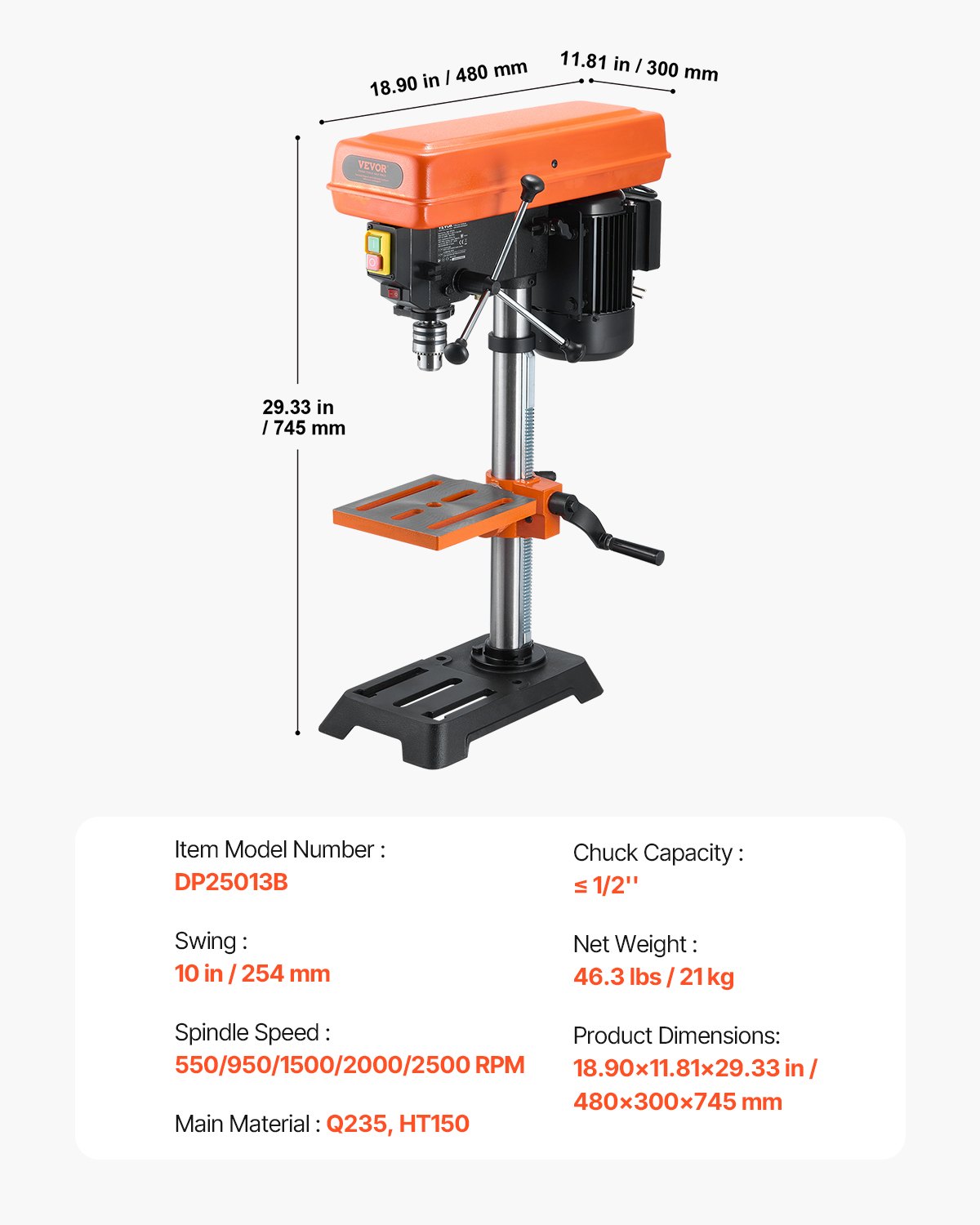 VEVOR 254 mm bench drill, 6.2 A induction motor, bench drill with adjustable speeds of 510 / 780 / 1300 / 1820 / 2430 rpm, 0-45° tilting work table, LED work light, for wood and metal