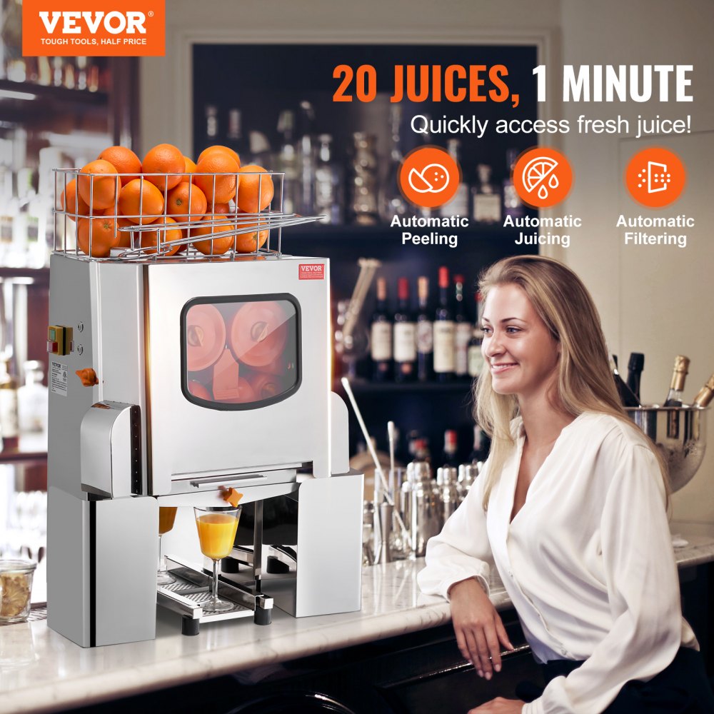 VEVOR Exprimidor de Cítricos Eléctrico Comercial Extractor de Zumo 120 W de Acero Inoxidable con Filtro Extraíble Cubo Recolector de Cáscaras para Naranja, Pomelo, Restaurante, Cafetería, Frutería