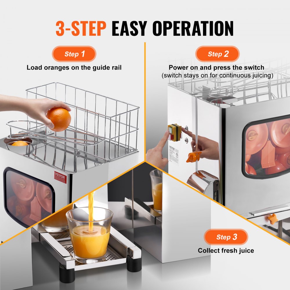 VEVOR Exprimidor de Cítricos Eléctrico Comercial Extractor de Zumo 120 W de Acero Inoxidable con Filtro Extraíble Cubo Recolector de Cáscaras para Naranja, Pomelo, Restaurante, Cafetería, Frutería