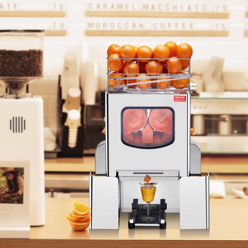 VEVOR Exprimidor de Cítricos Eléctrico Comercial Extractor de Zumo 120 W de Acero Inoxidable con Filtro Extraíble Cubo Recolector de Cáscaras para Naranja, Pomelo, Restaurante, Cafetería, Frutería