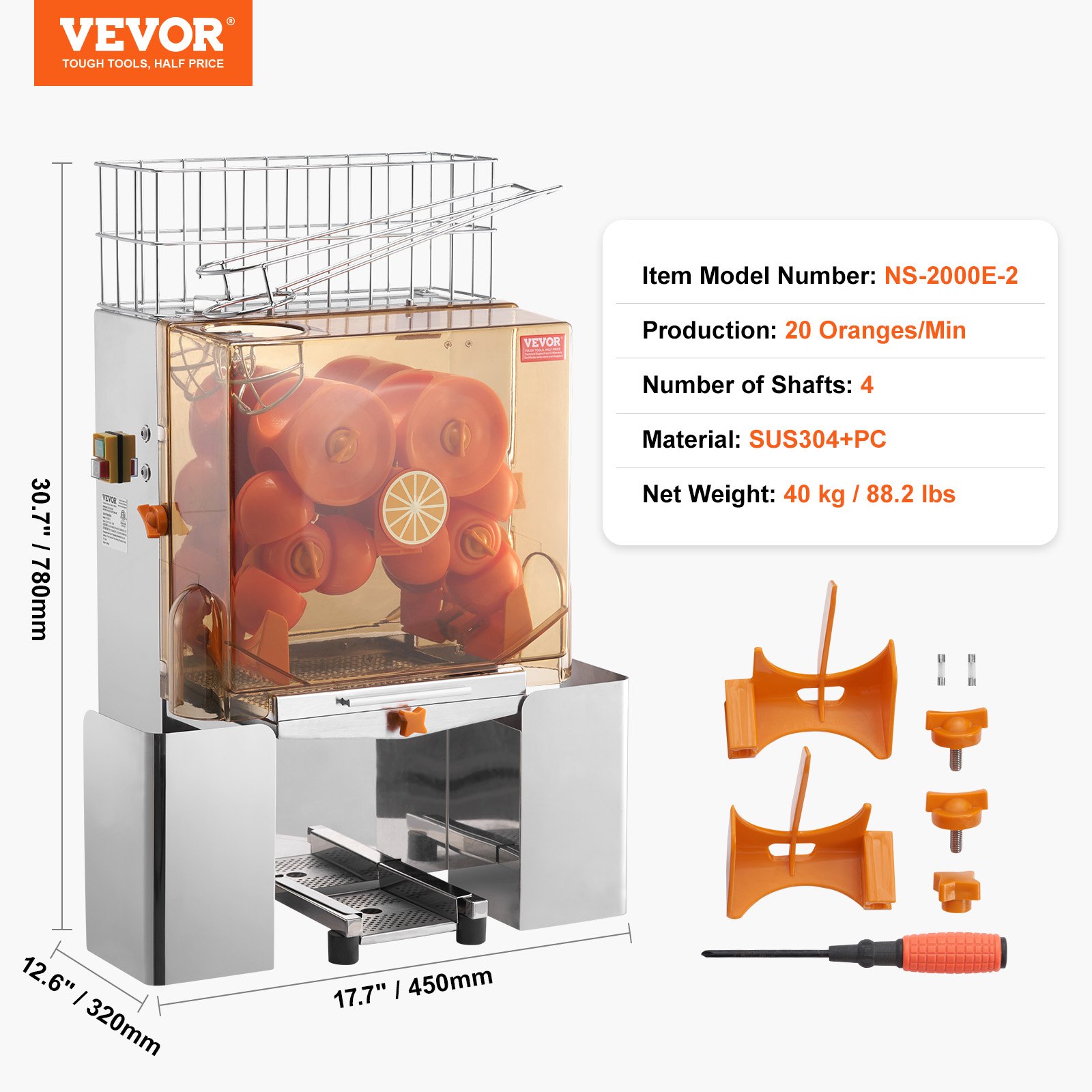 VEVOR Exprimidor de Cítricos Eléctrico Comercial Extractor de Zumo 120W Alimentación Automática con Filtro Extraíble Cubo Recolector de Cáscaras para Naranja, Pomelo, Restaurante, Cafetería, Frutería