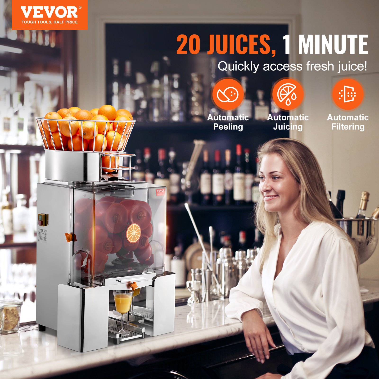 VEVOR Exprimidor de Cítricos Eléctrico Comercial Extractor Automático de Zumo de Naranja 120W, 25 naranjas/min con Filtro Extraíble Cubo Recolector de Cáscaras para Restaurante, Cafetería, Frutería