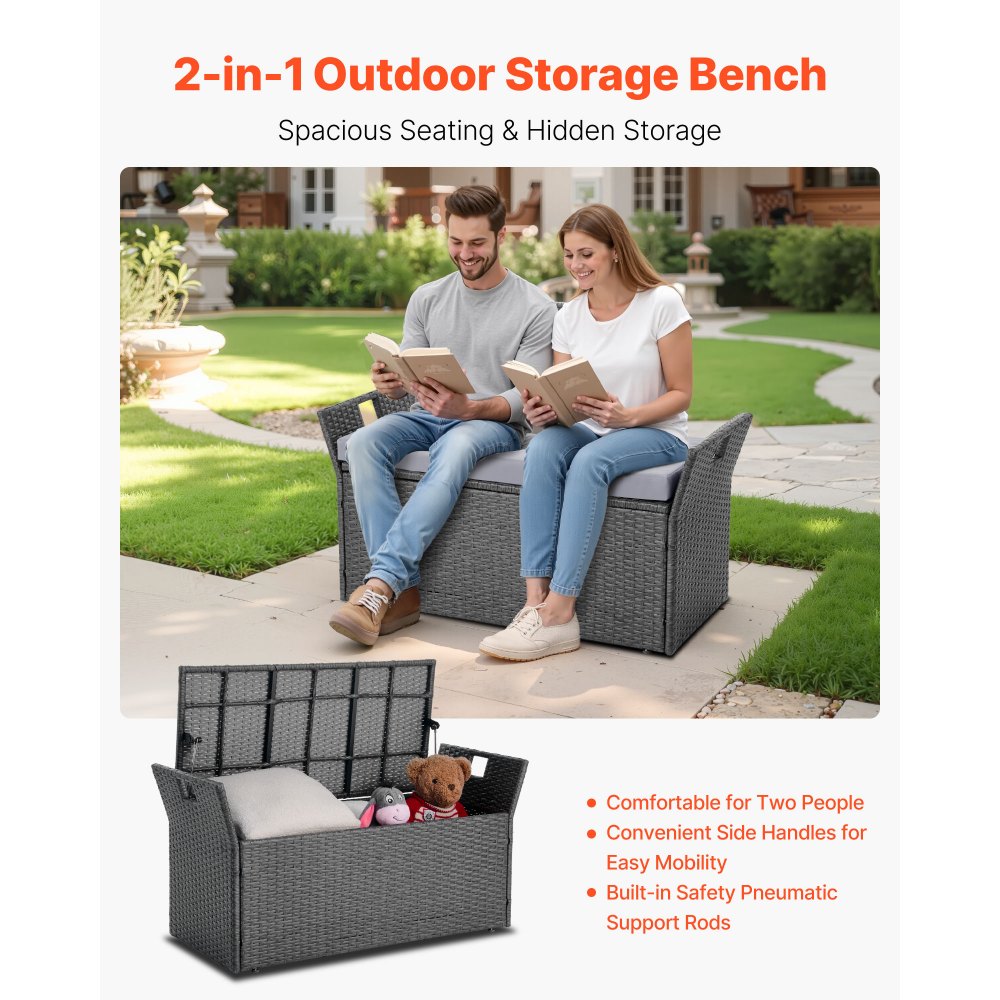 VEVOR Banco de Almacenamiento de Ratán Sintético Baúl de Terraza 104 x 45 x 52 cm con Cojín y Asas Laterales Asiento Cómodo para 2 Personas Soporta hasta 181 kg para Exterior, Jardín, Balcón, Gris